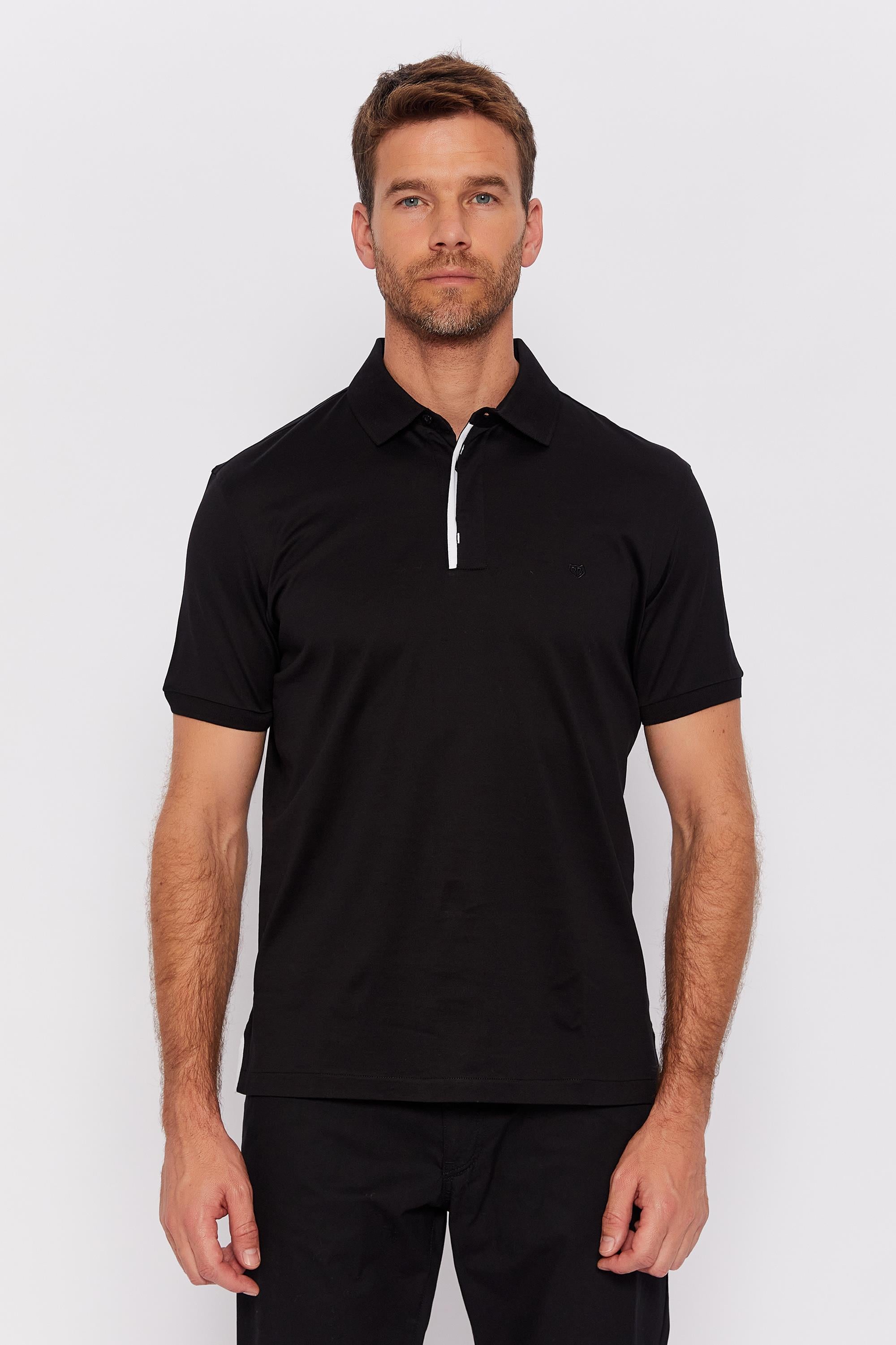 Romano Botta Siyah Düğmeli Polo Yaka Kısa Kol Düz T-shirt