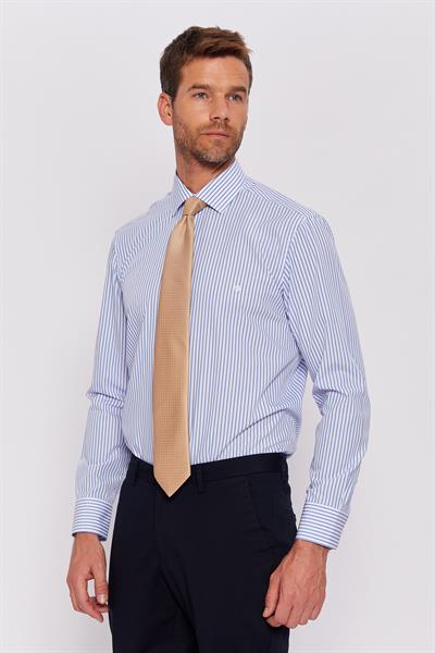 Romano Botta Beyaz-Açık Mavi Çizgili Çizgili Slim Fit Klasik %100 Pamuk Gömlek