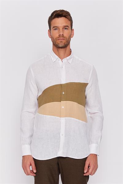 Romano Botta Beyaz Çizgili Slim Fit Klasik %100 Keten Gömlek