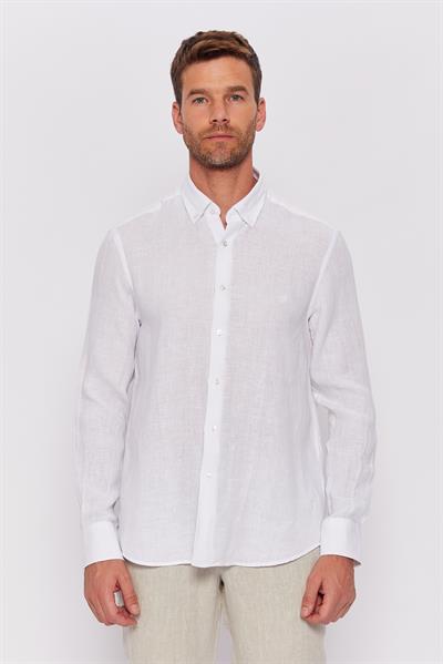Romano Botta Beyaz Düz Slim Fit Yaka Düğmeli %100 Keten Gömlek