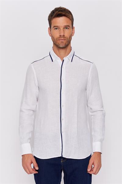 Romano Botta Beyaz Düz Slim Fit Yaka Düğmeli %100 Keten Gömlek