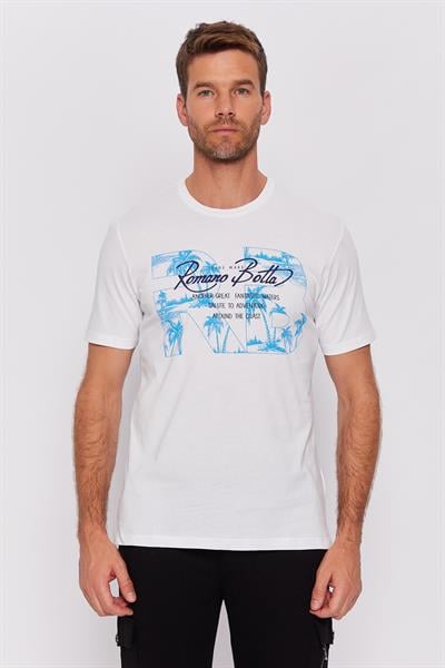 Romano Botta Beyaz Yuvarlak Yaka Kısa Kol Desenli T-shirt