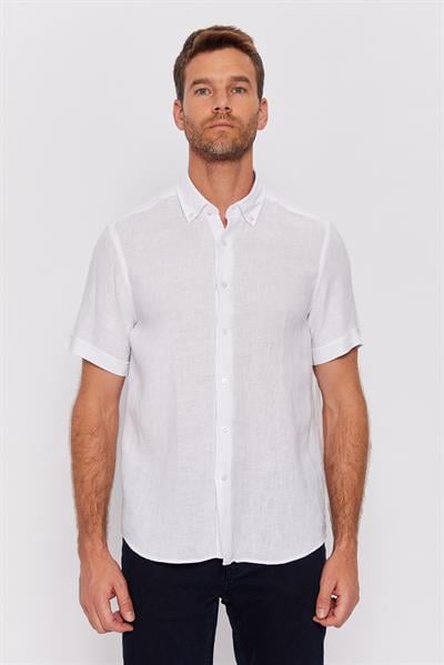 Romano Botta Düz Slim Fit Yaka Düğmeli %100 Keten Kısa Kol Gömlek