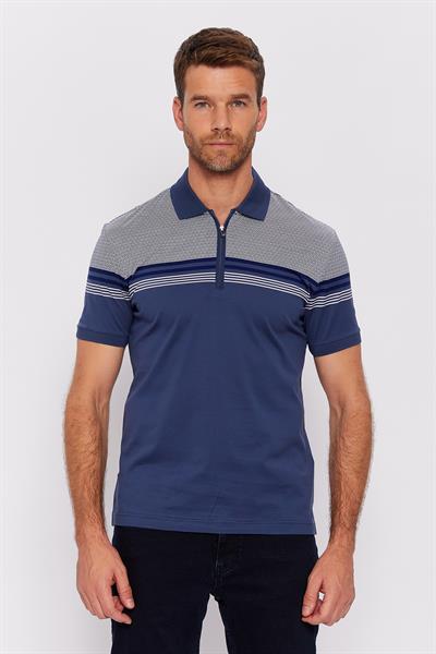 Romano Botta İndigo Mavi Fermuarlı Polo Yaka Kısa Kol Çizgili T-shirt