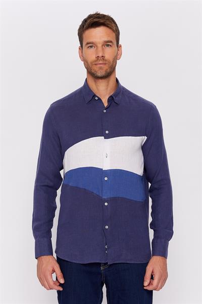 Romano Botta Koyu Lacivert Çizgili Slim Fit Klasik %100 Keten Gömlek