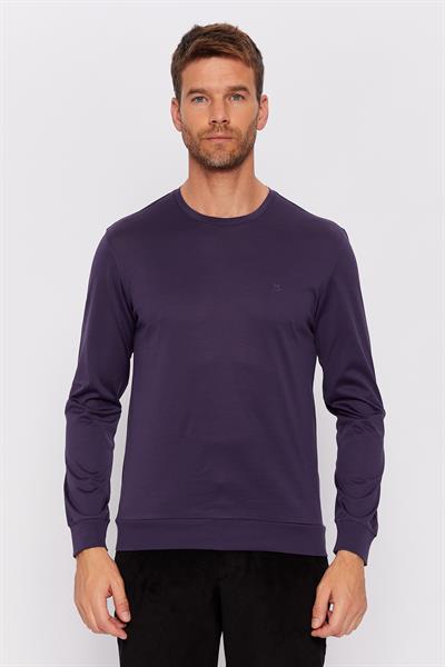 Romano Botta Koyu Mor Yuvarlak Yaka Uzun Kol Düz T-shirt