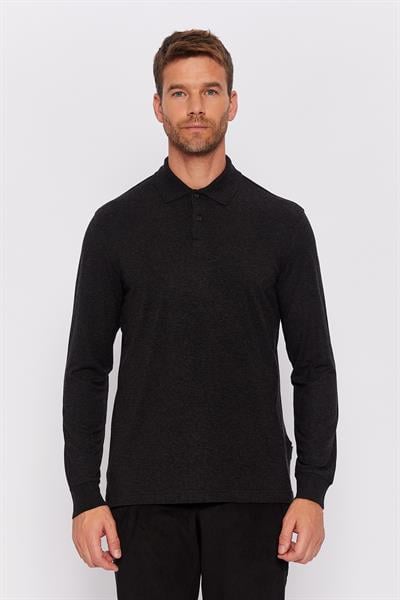Romano Botta Siyah Düğmeli Polo Yaka Uzun Kol Desenli T-shirt