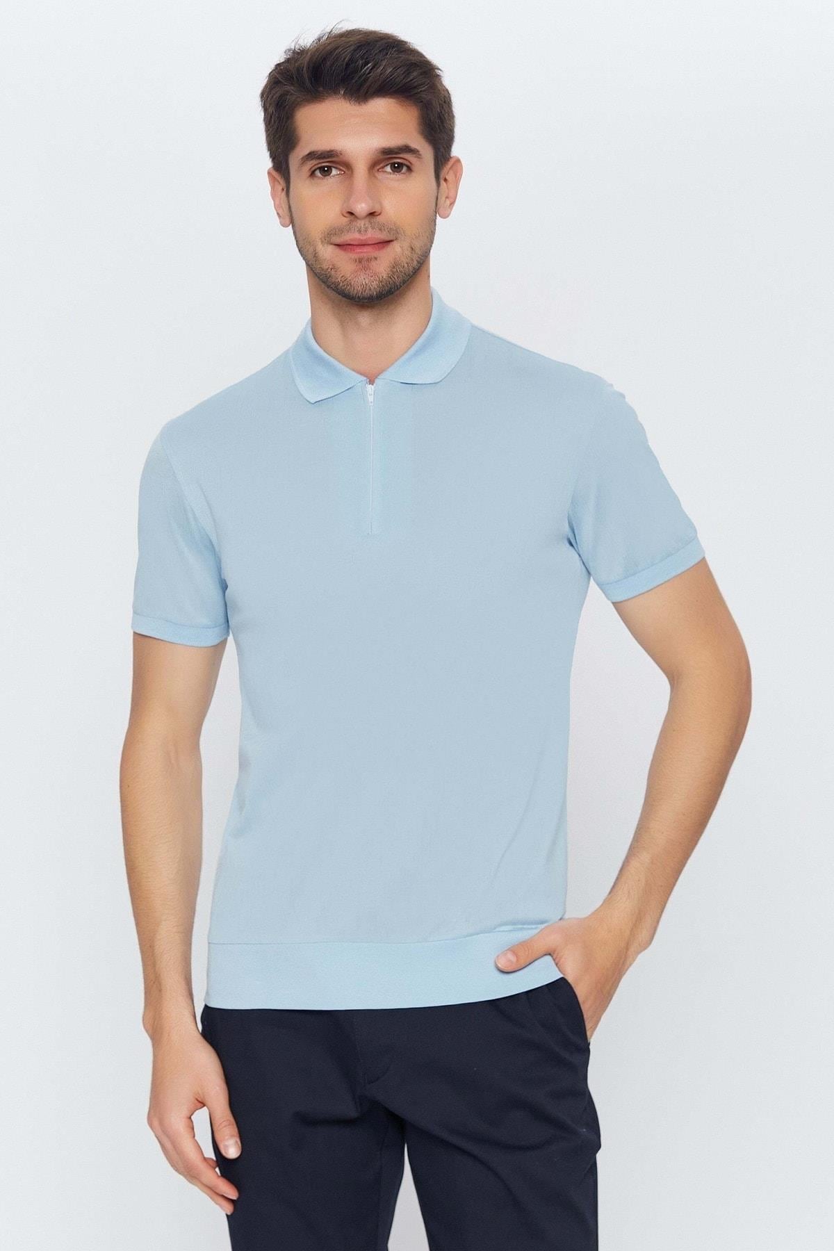 Erkek Açık Mavi Fermuarlı Polo Yaka Kısa Kol Merserize Düz Basic T-shirt