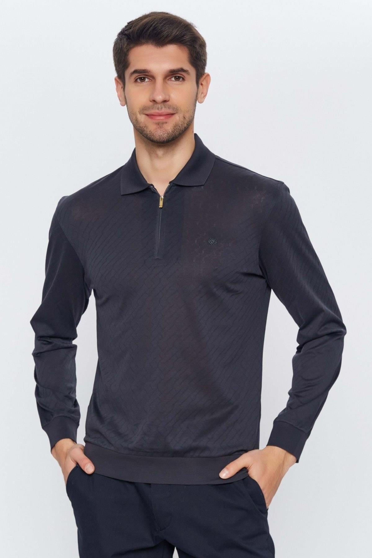 Erkek Antrasit Polo Yaka Uzun Kollu Merserize T-shirt-rb1a0422k003