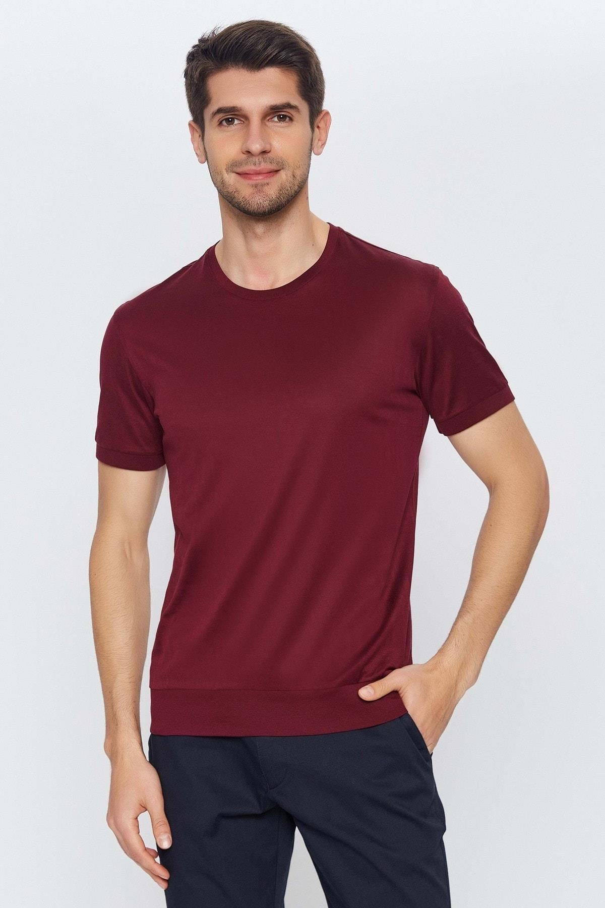 Erkek Bordo Yuvarlak Yaka Kısa Kol Merserize Düz Basic T-shirt
