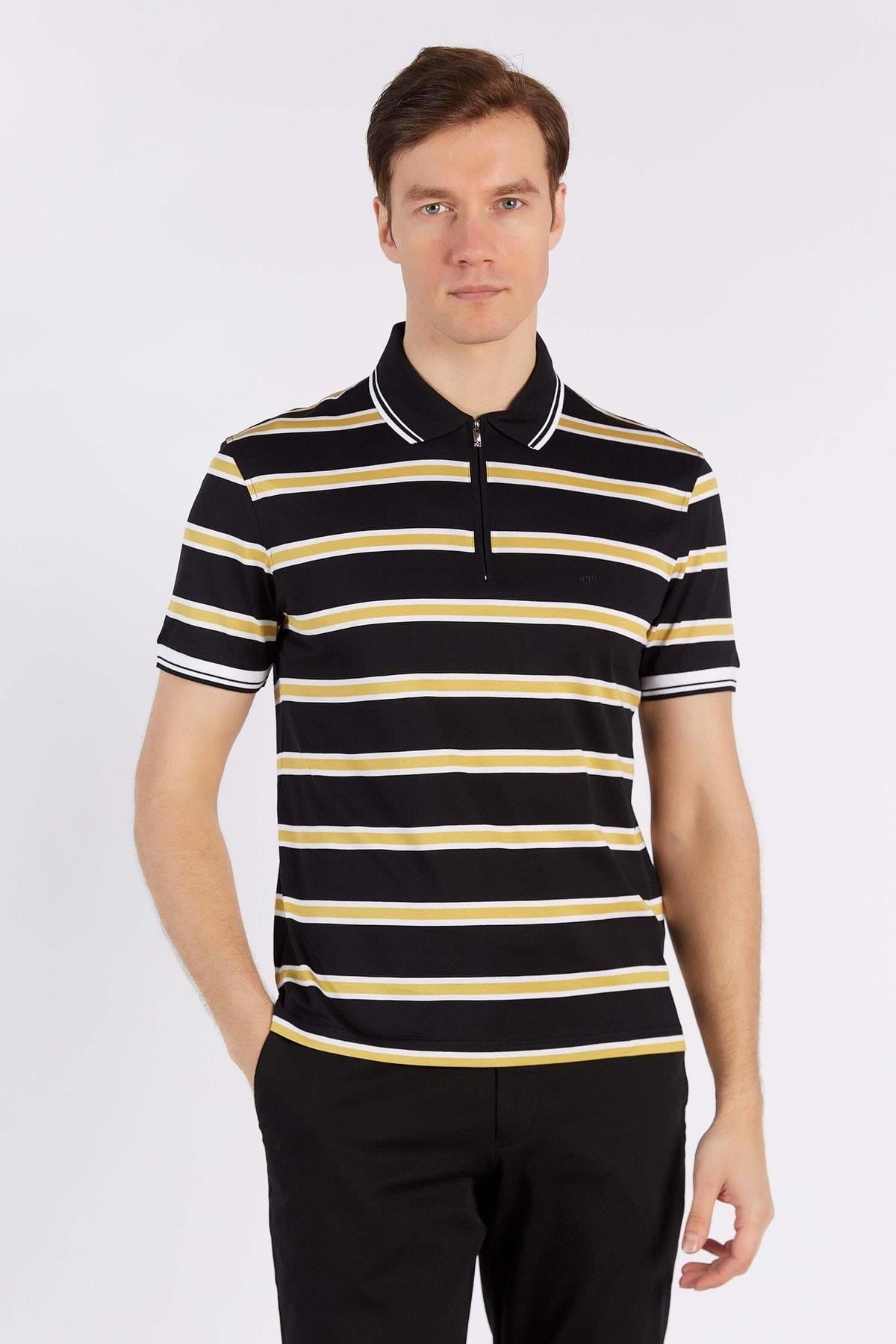 Erkek Siyah-altın Kısa Kol Polo Yaka %100 Pamuk T-shirt