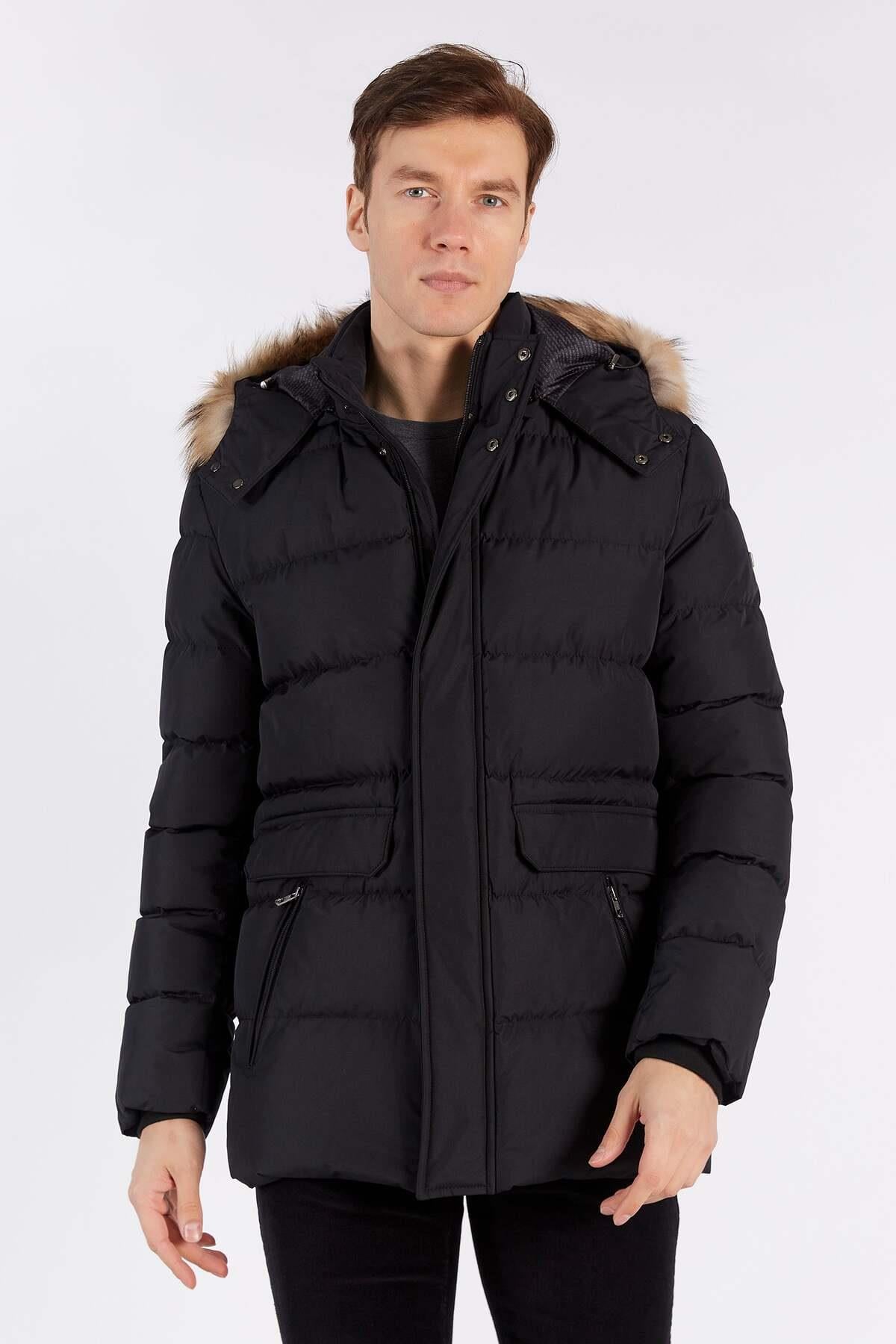 Erkek Siyah Kapüşonlu Çıt çıt + Fermuar Mont