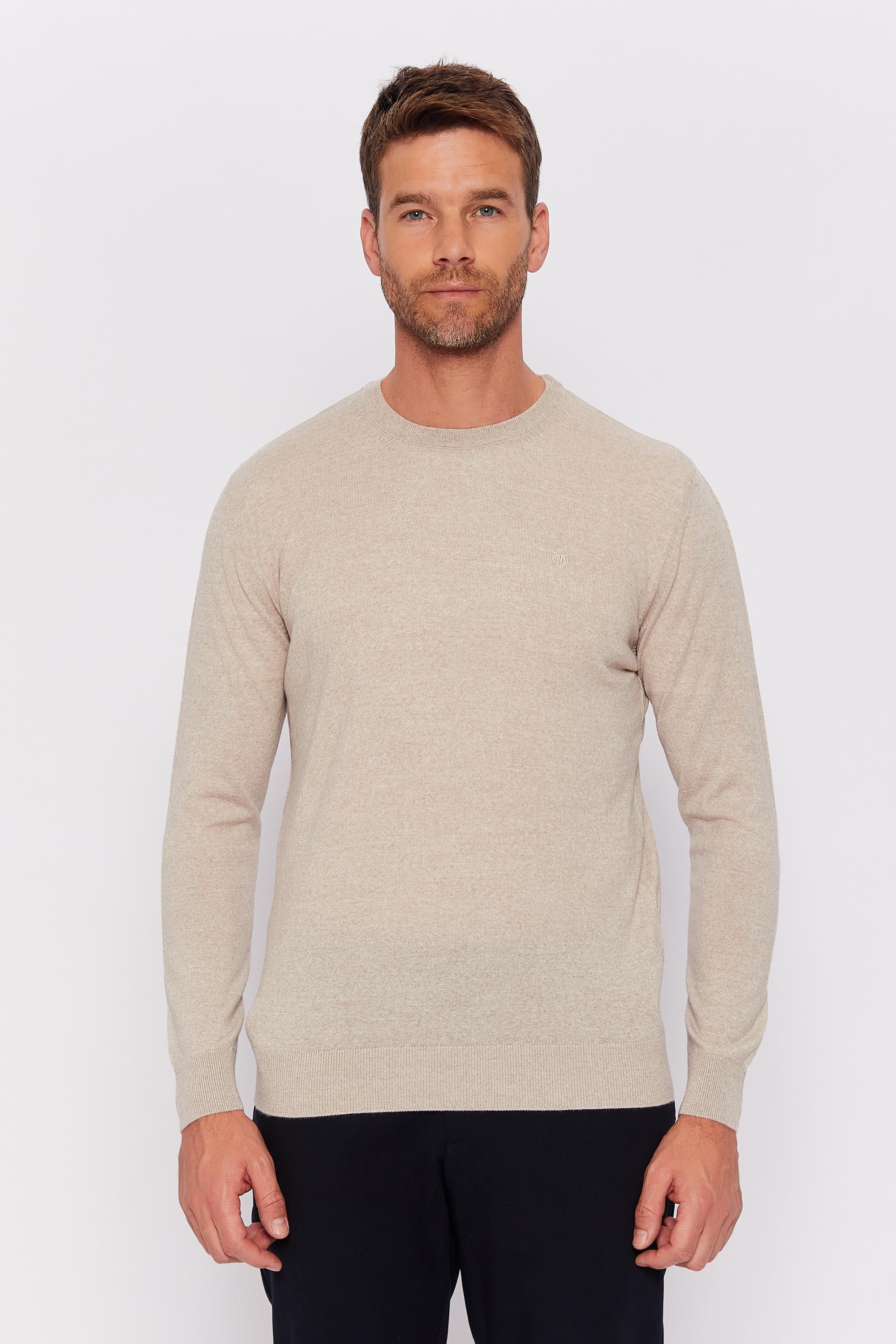 Romano Botta Bej Düz Bisiklet Yaka Yünlü Kazak