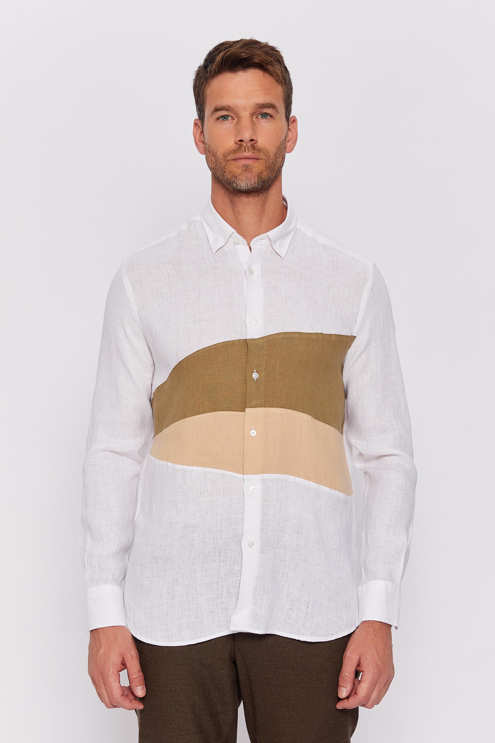 Romano Botta Beyaz Çizgili Slim Fit Klasik %100 Keten Gömlek