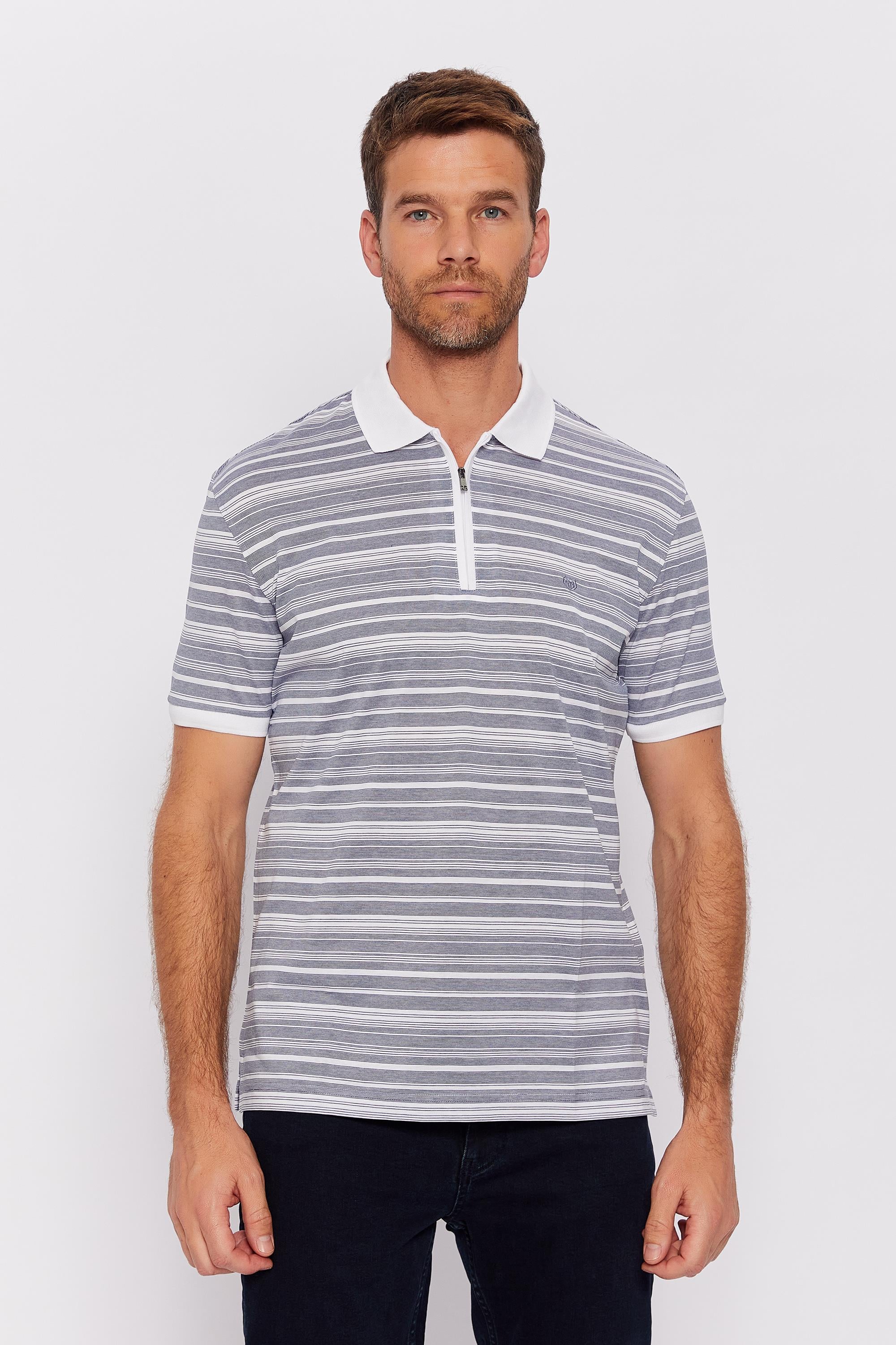 Romano Botta Beyaz-İndigo Mavi Fermuarlı Polo Yaka Kısa Kol Desenli T-shirt