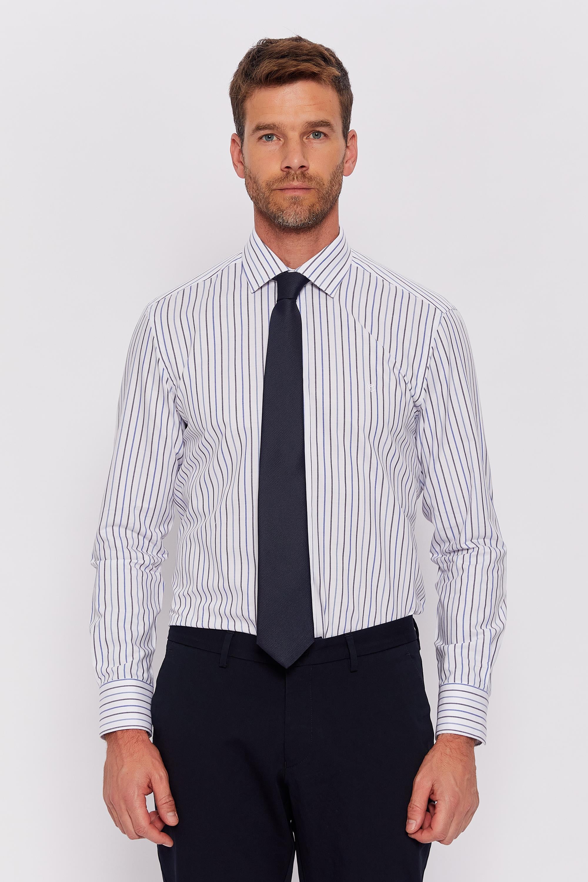 Romano Botta Beyaz-Lacivert Çizgili Slim Fit Klasik %100 Pamuk Gömlek