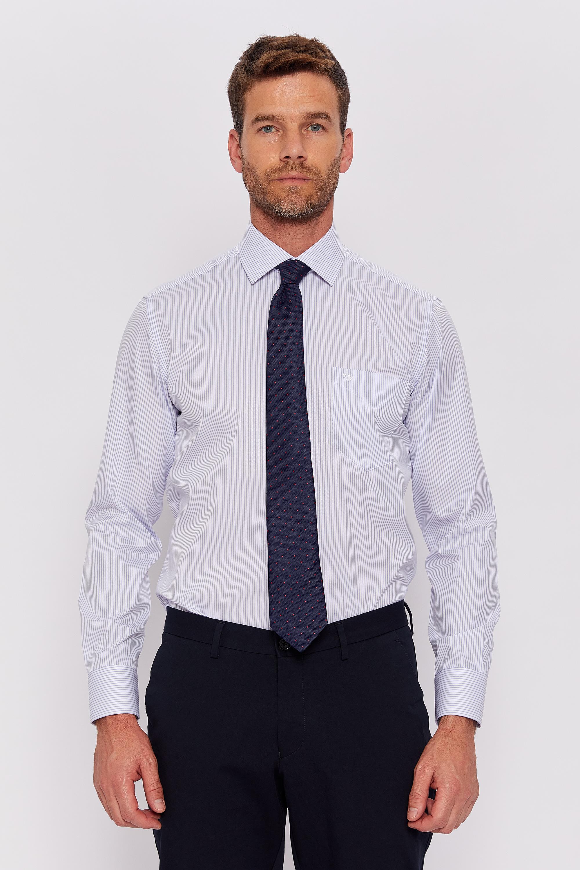 Romano Botta Beyaz-Mavi Çizgili Çizgili Regular Fit Klasik %100 Pamuk Gömlek