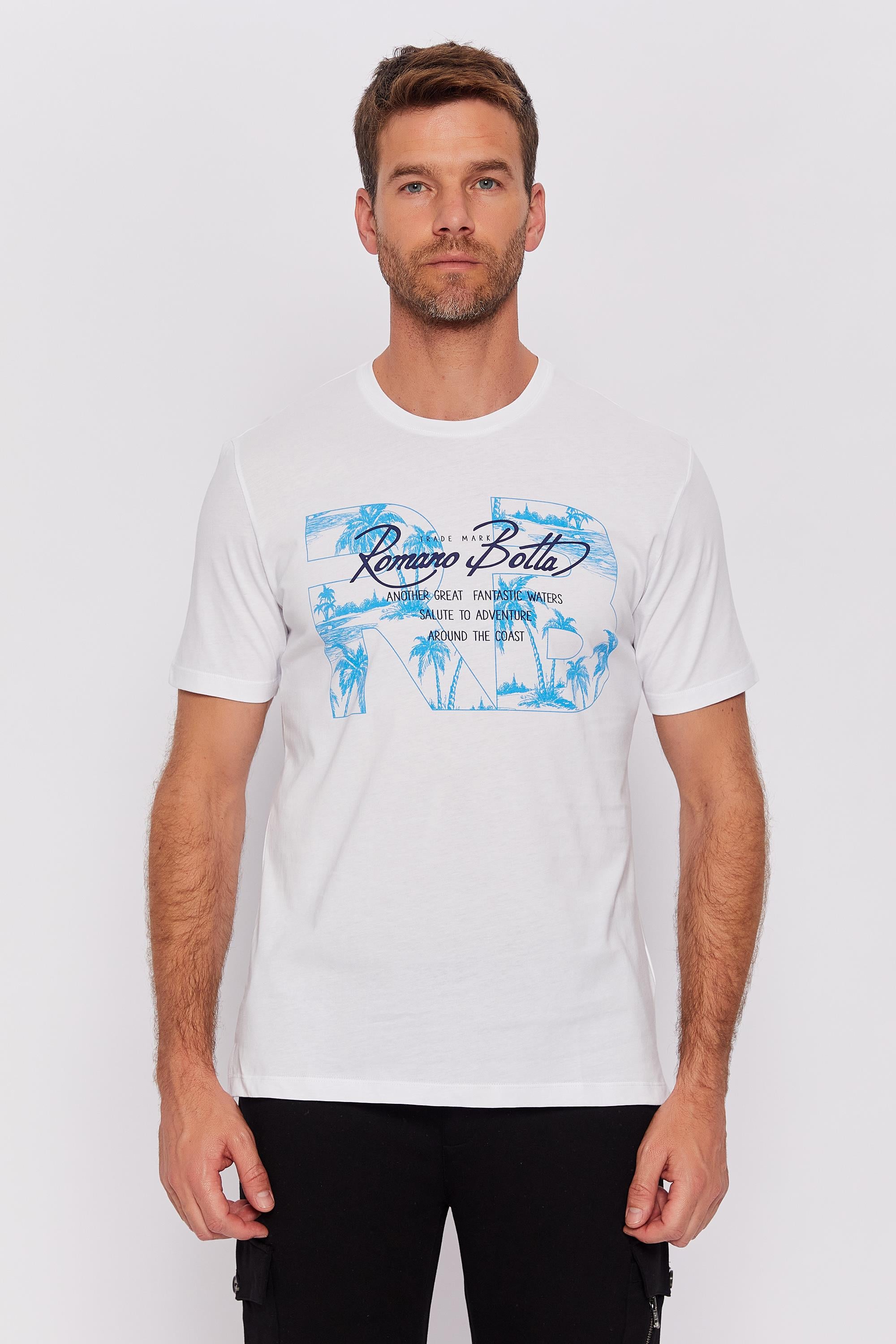 Romano Botta Beyaz Yuvarlak Yaka Kısa Kol Desenli T-shirt