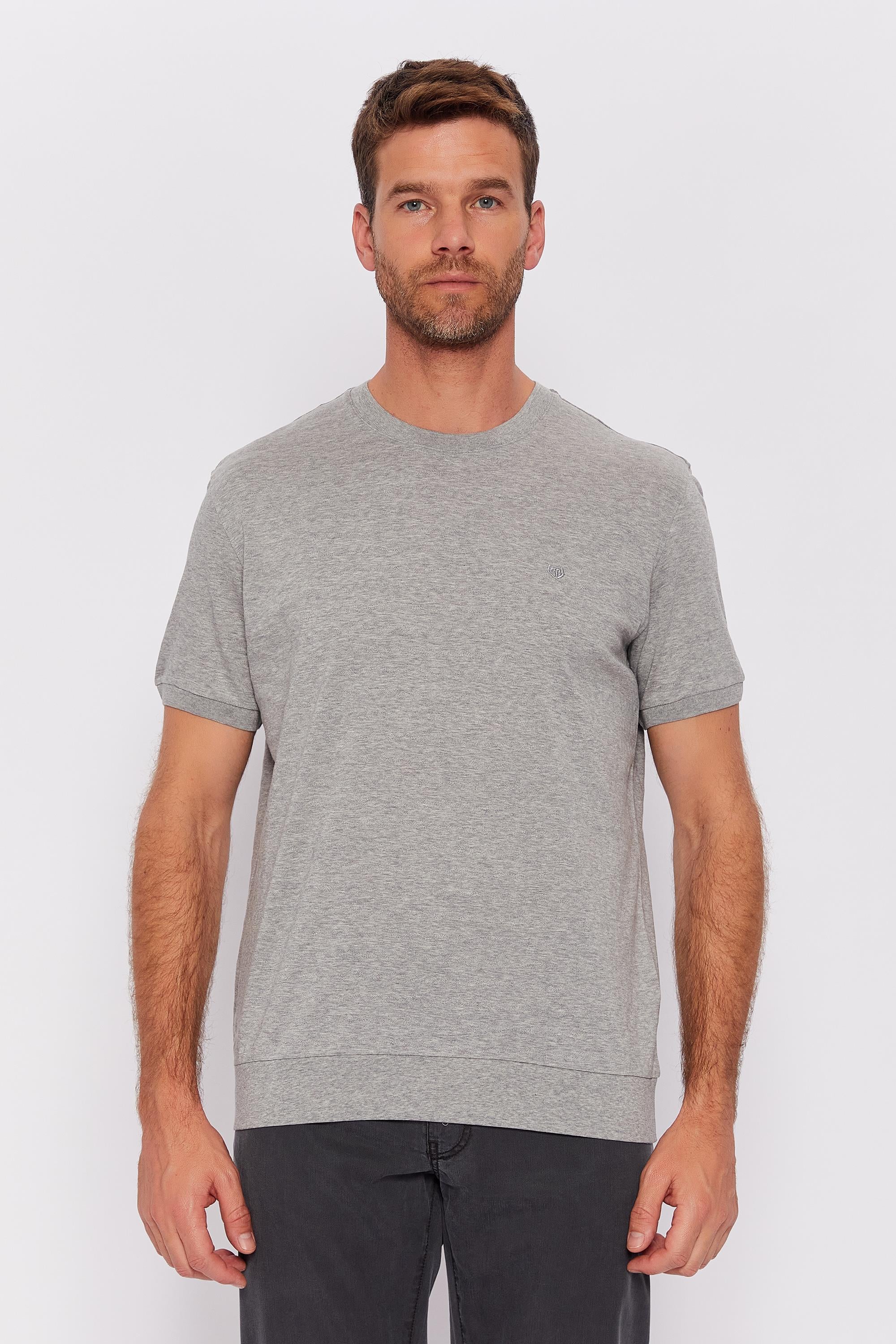 Romano Botta Gri Melanj Yuvarlak Yaka Kısa Kol Çizgili T-shirt