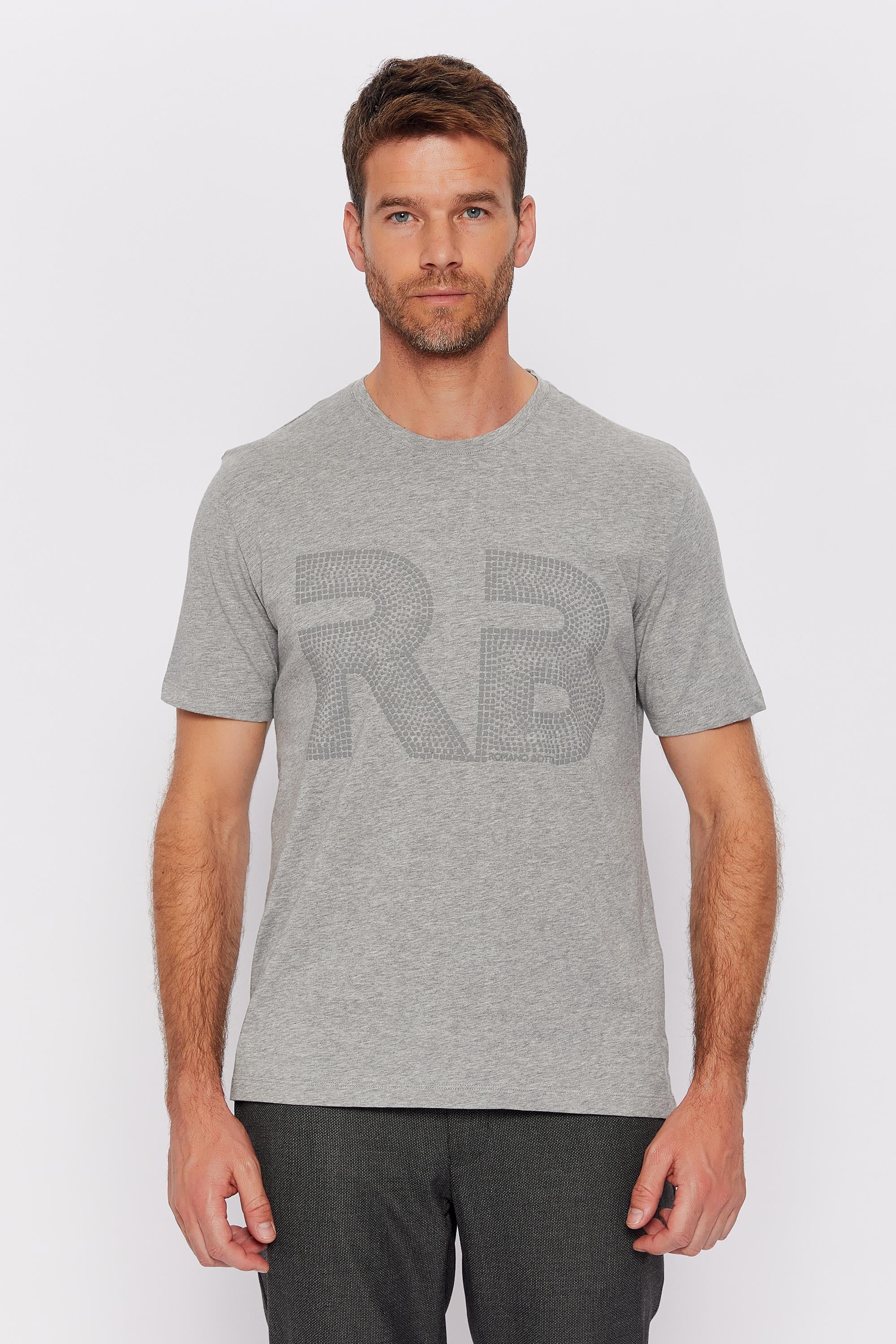 Romano Botta Gri Melanj Yuvarlak Yaka Kısa Kol Desenli T-shirt