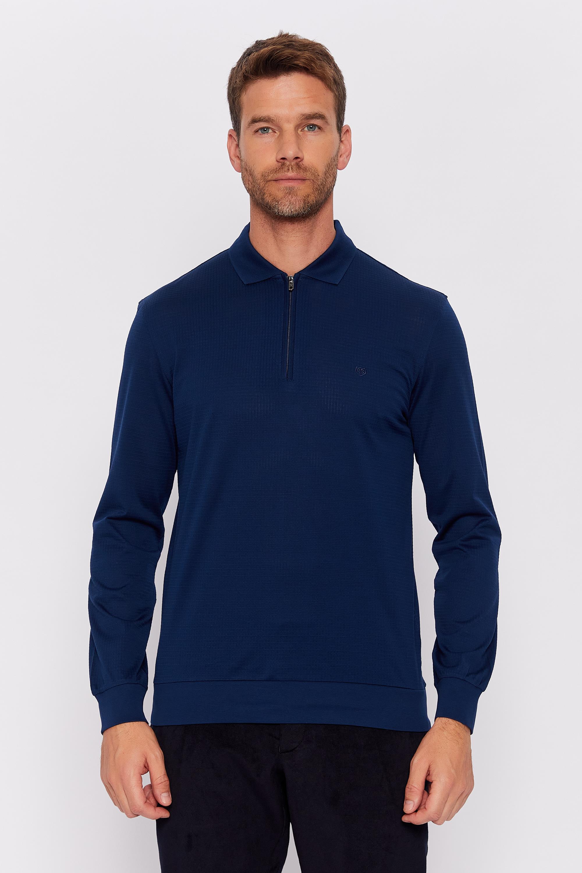 Romano Botta İndigo Mavi Fermuarlı Polo Yaka Uzun Kol Desenli T-shirt