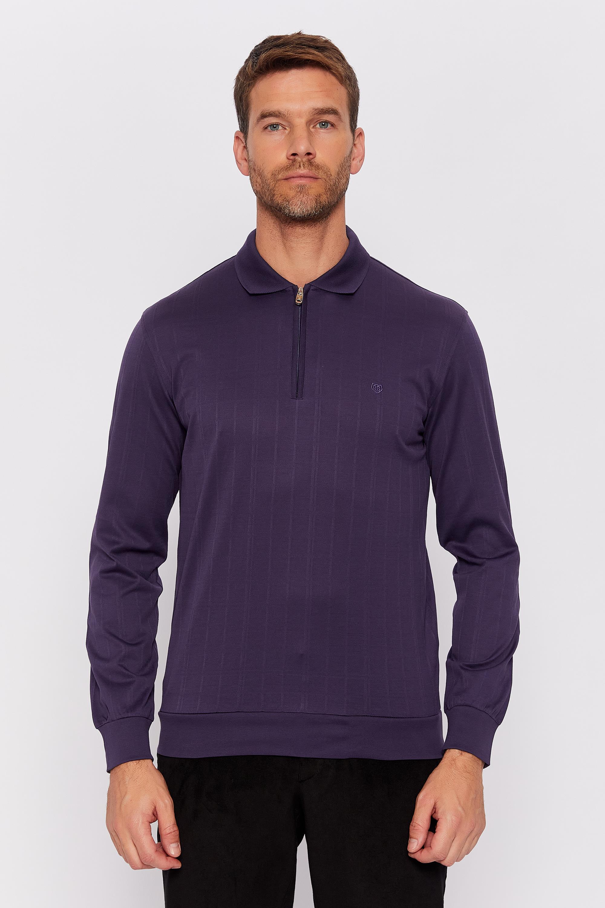 Romano Botta Koyu Mor Fermuarlı Polo Yaka Uzun Kol Desenli T-shirt