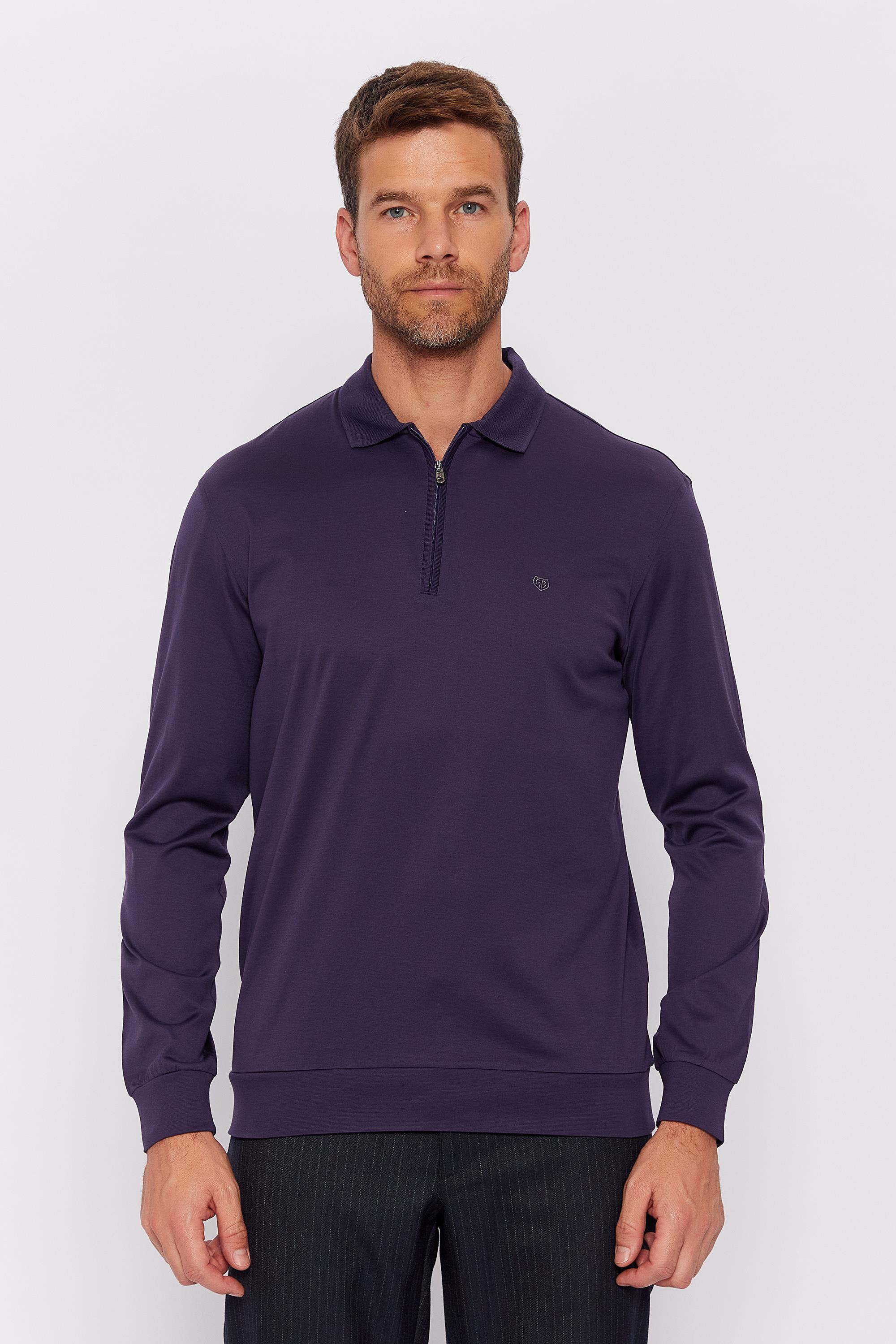 Romano Botta Koyu Mor Fermuarlı Polo Yaka Uzun Kol Desenli T-shirt