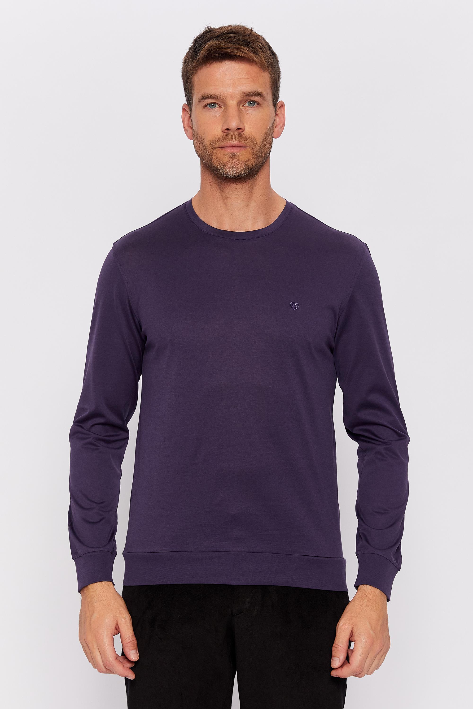 Romano Botta Koyu Mor Yuvarlak Yaka Uzun Kol Düz T-shirt