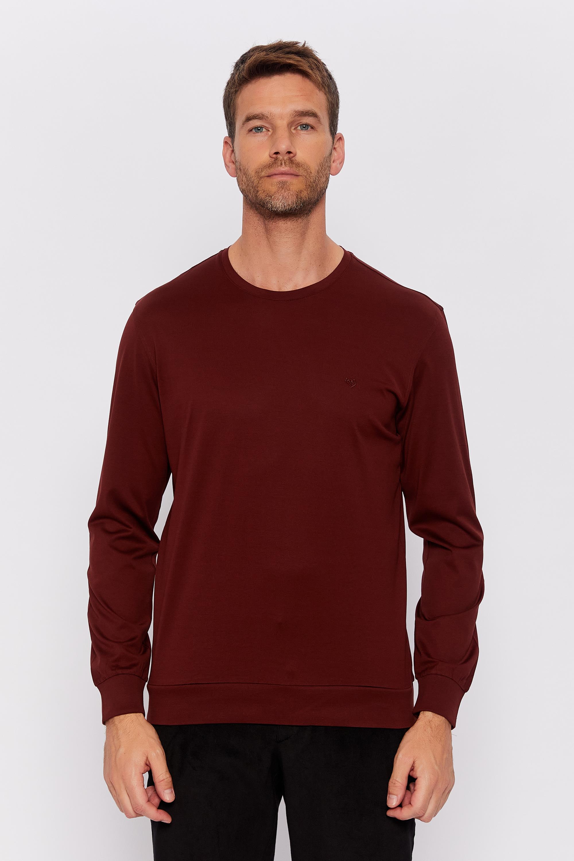 Romano Botta Koyu Tütün Rengi Yuvarlak Yaka Uzun Kol Düz T-shirt