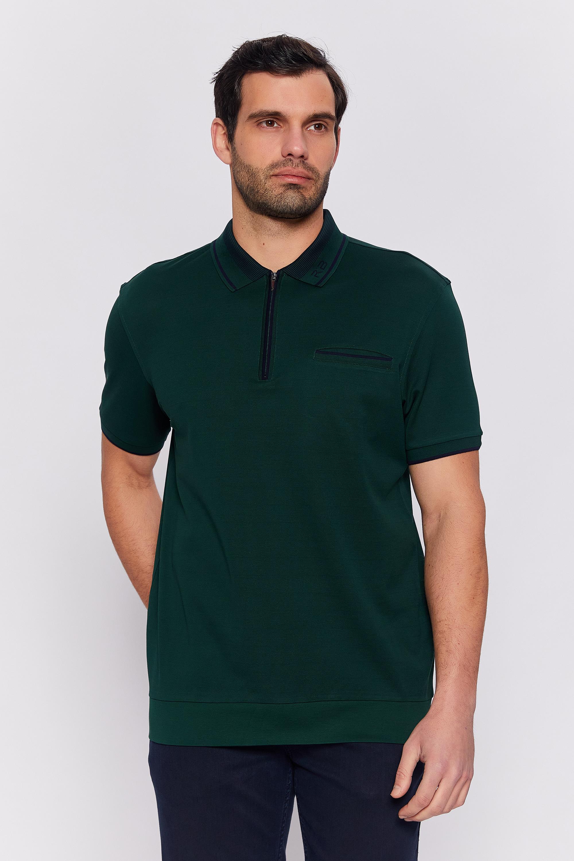 Romano Botta Koyu Yeşil Fermuarlı Polo Yaka 100% Merserize Pamuk  Kısa Kol T-shirt