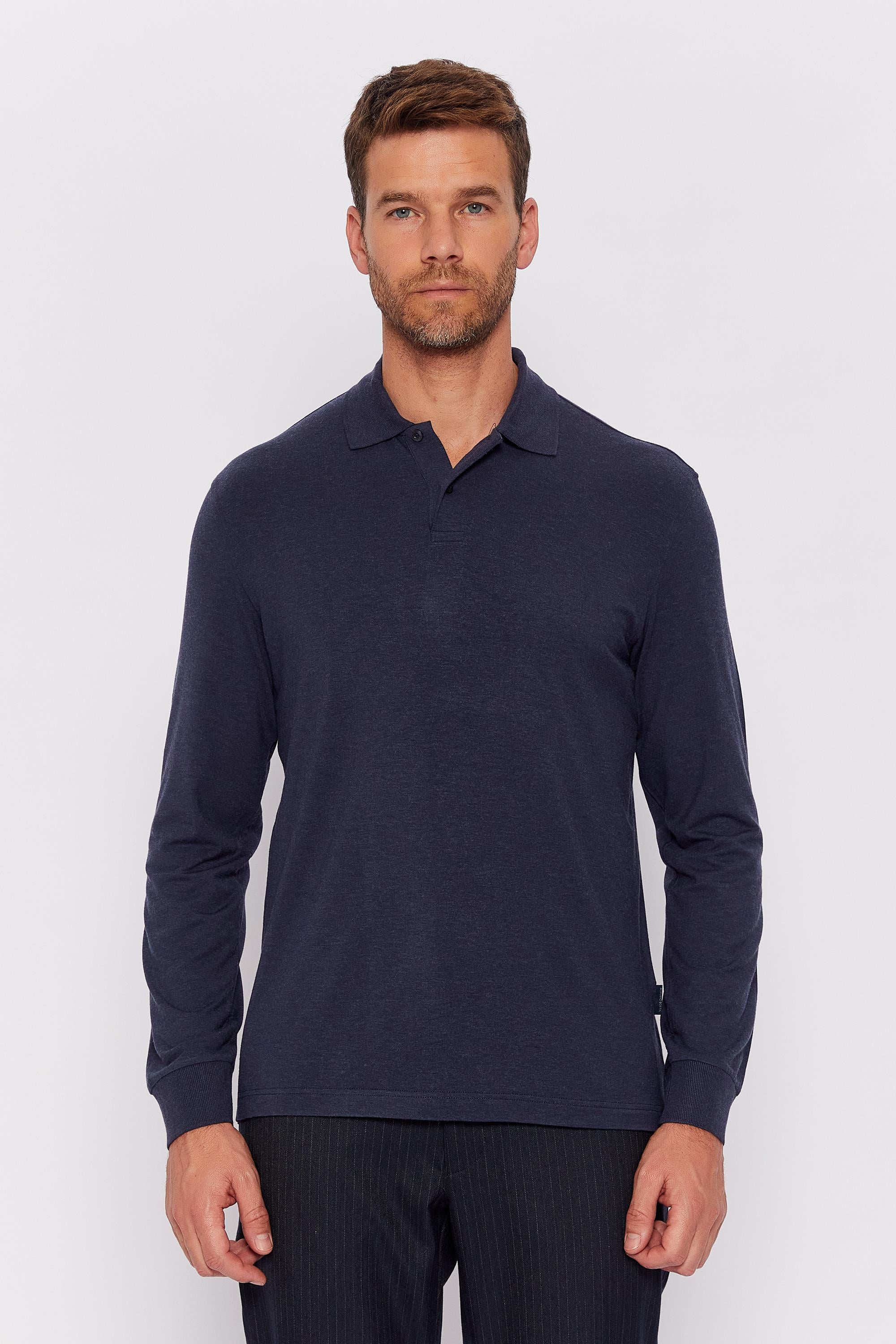 Romano Botta Lacivert Düğmeli Polo Yaka Uzun Kol Desenli T-shirt