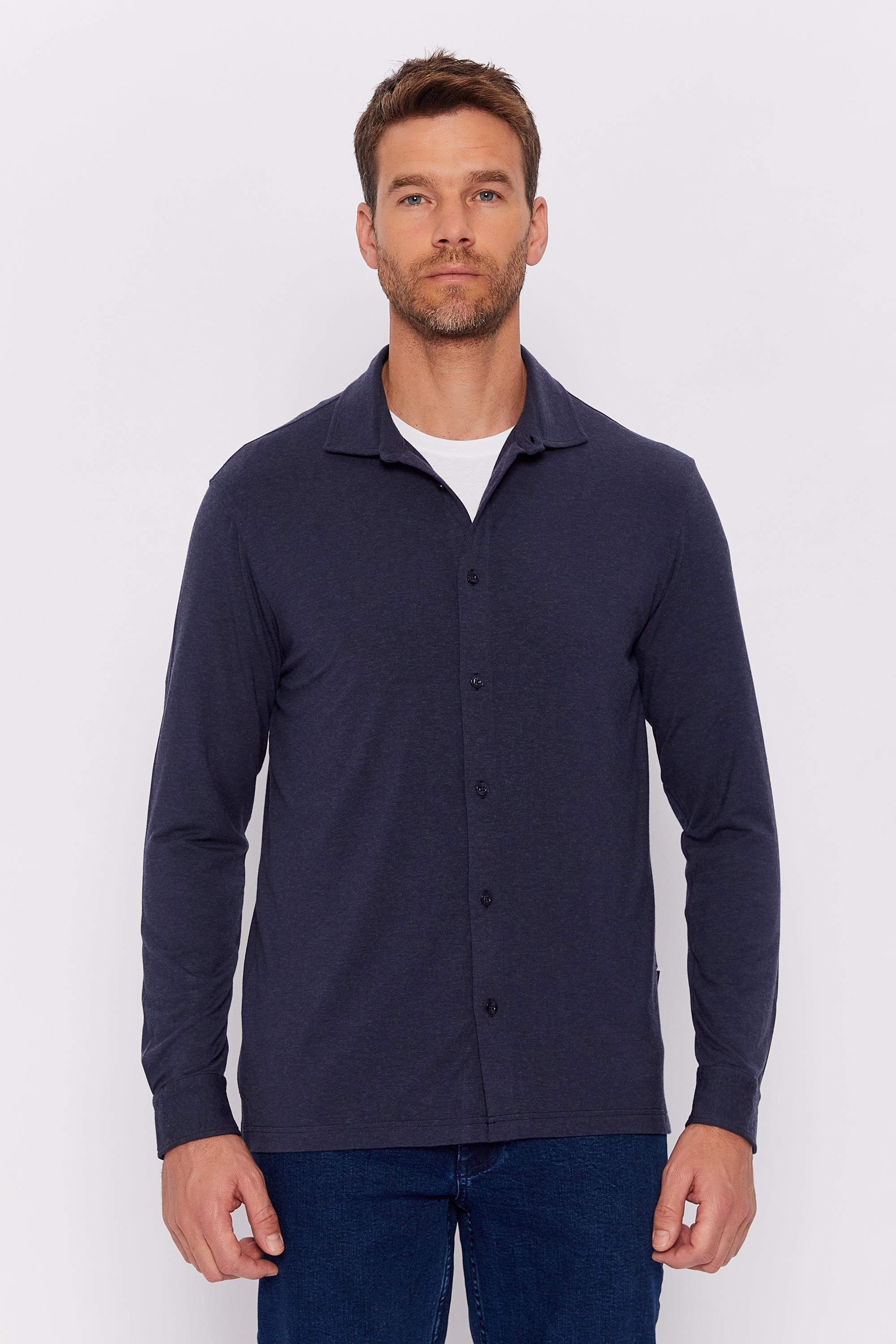 Romano Botta Lacivert Düz Regular Fit Yaka Düğmeli Yün Karışımlı Gömlek