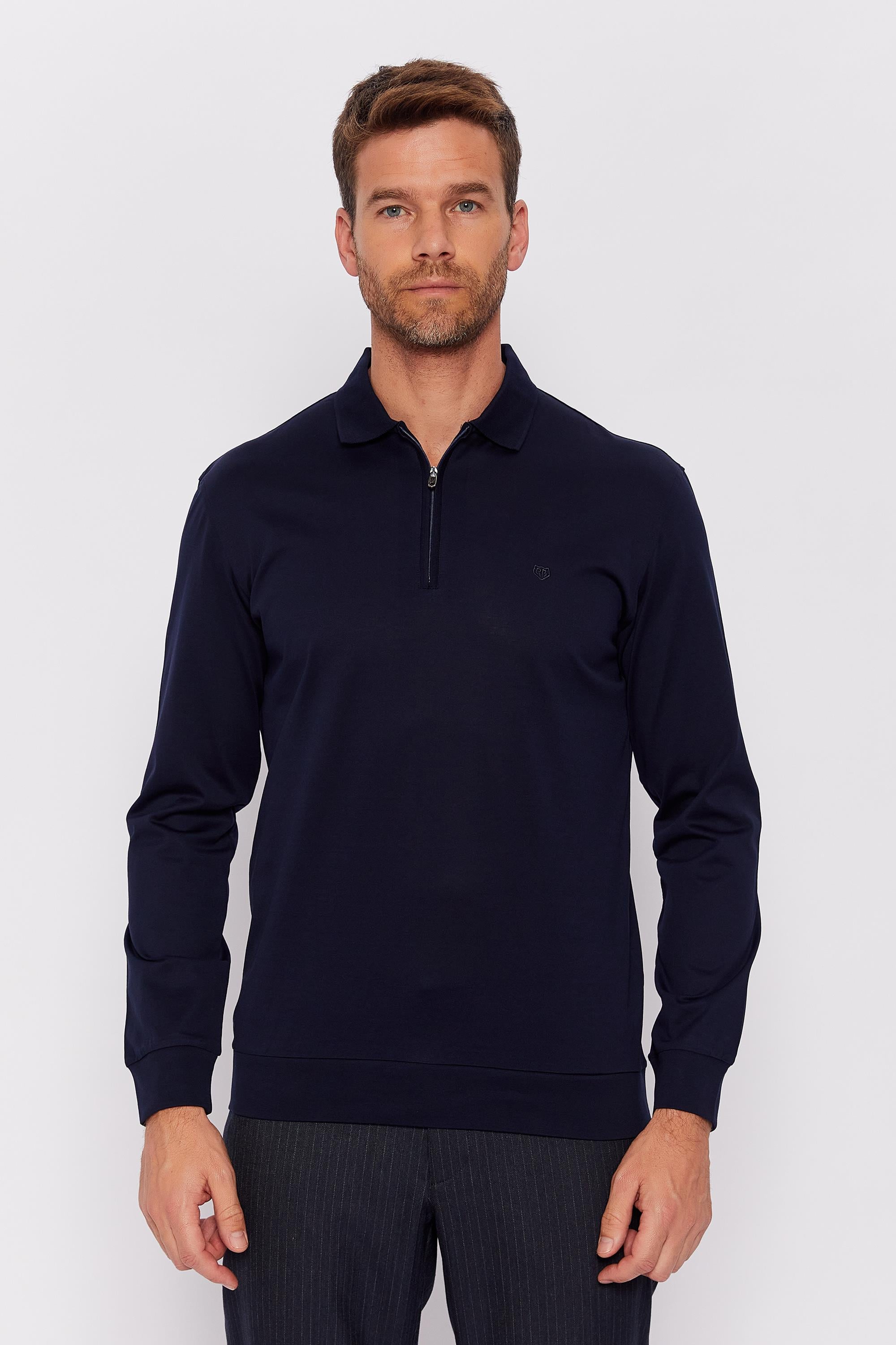 Romano Botta Lacivert Fermuarlı Polo Yaka Uzun Kol Desenli T-shirt