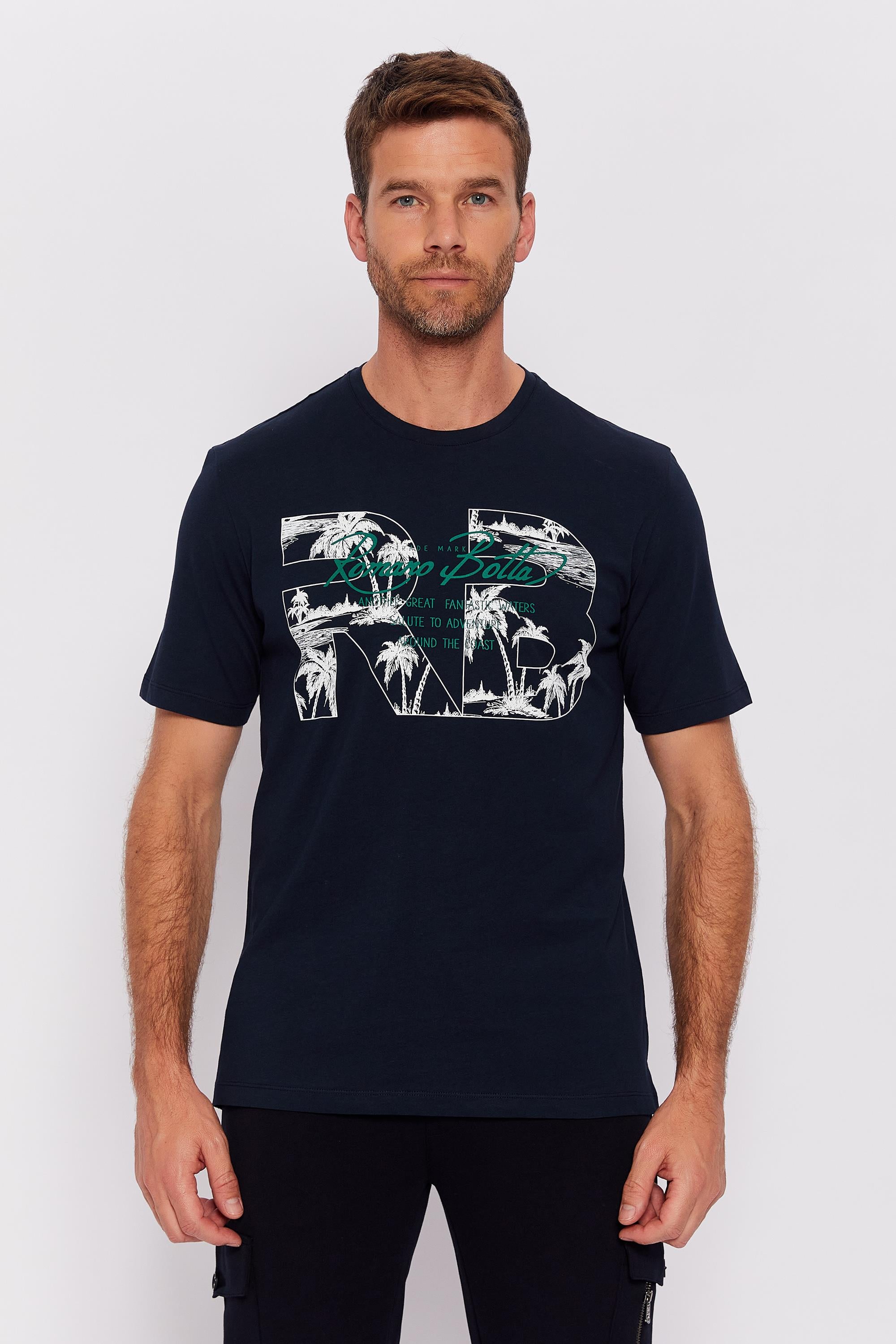 Romano Botta Lacivert Yuvarlak Yaka Kısa Kol Desenli T-shirt