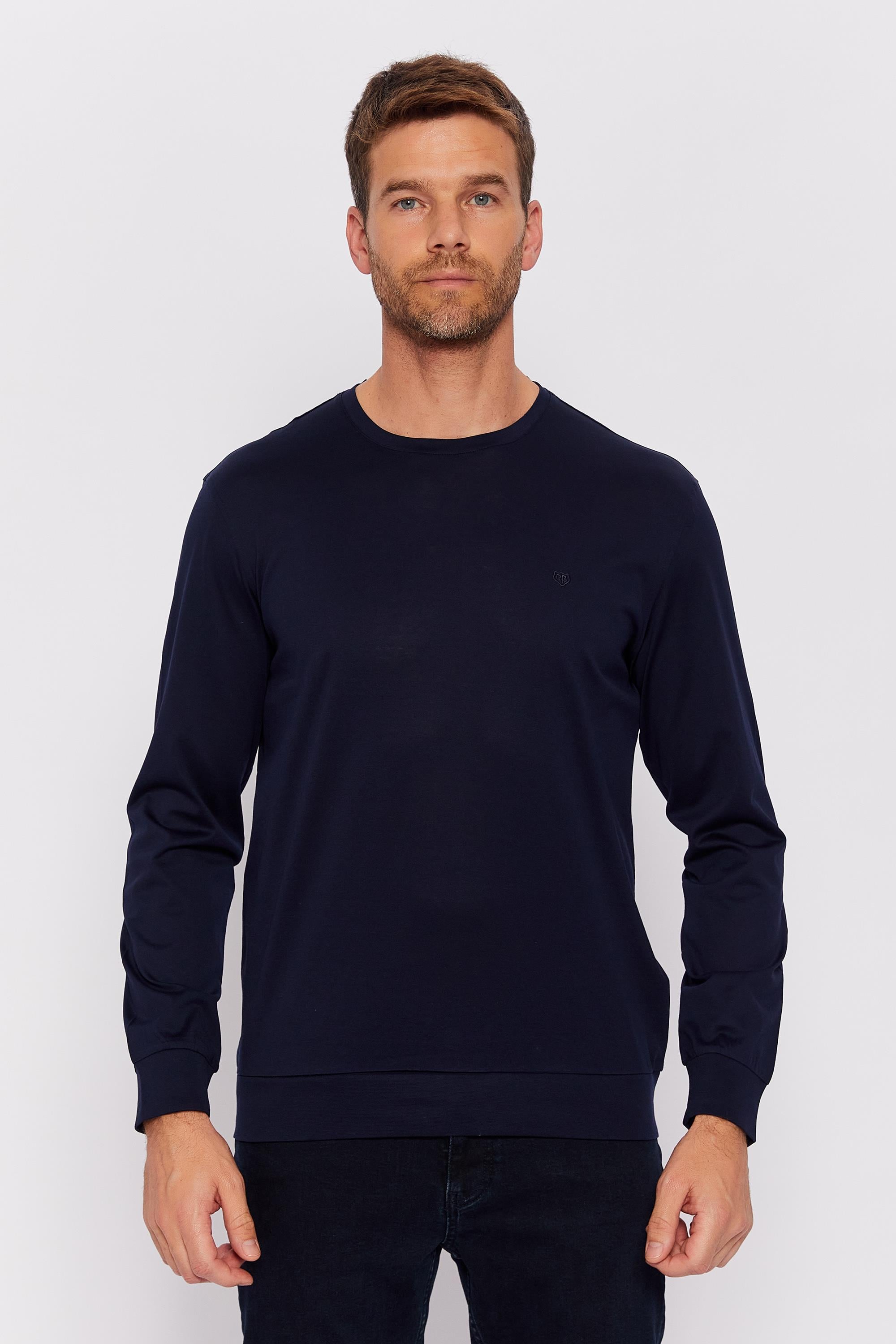 Romano Botta Lacivert Yuvarlak Yaka Uzun Kol Düz T-shirt