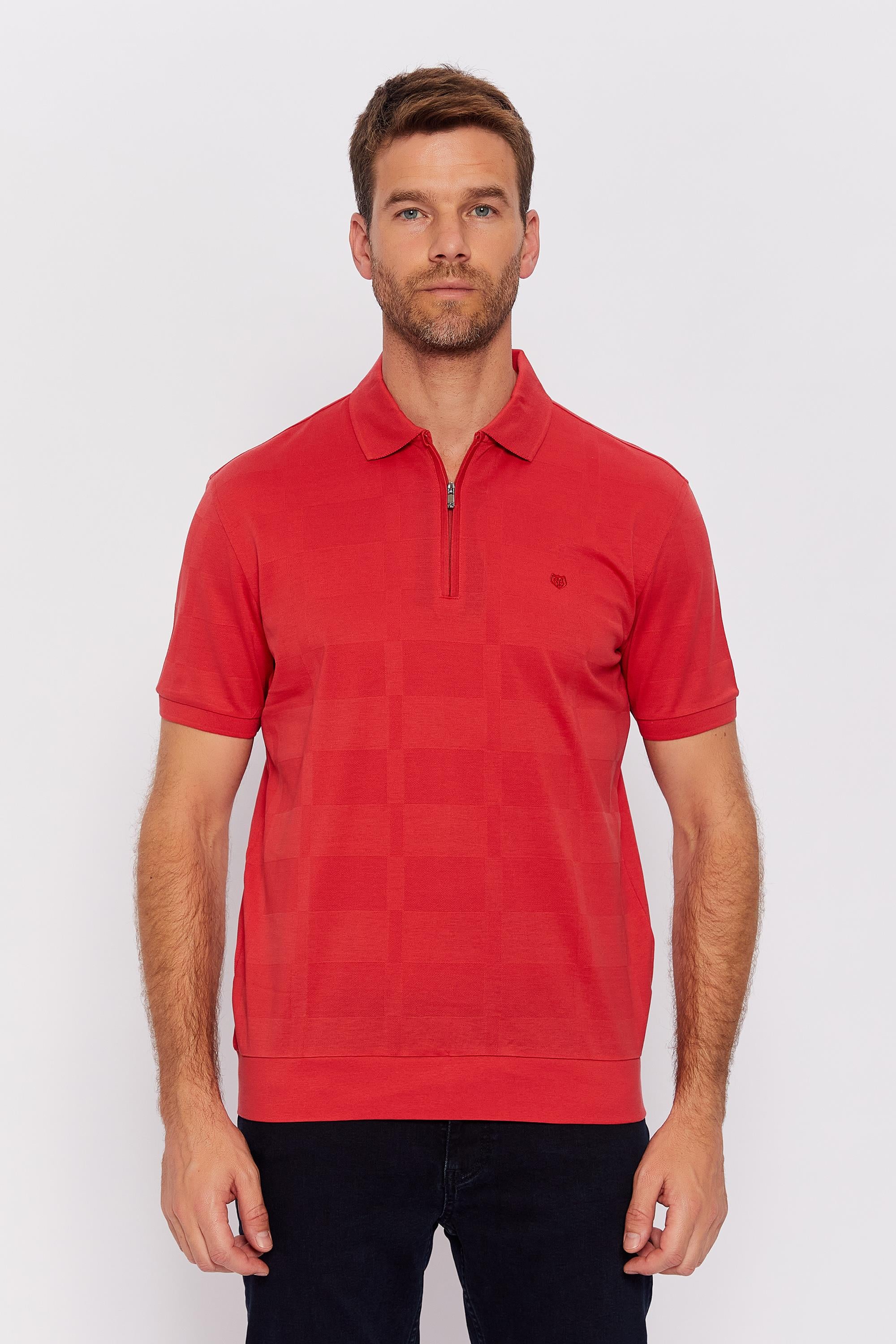 Romano Botta Şeftali Rengi Fermuarlı Polo Yaka Kısa Kol Desenli T-shirt