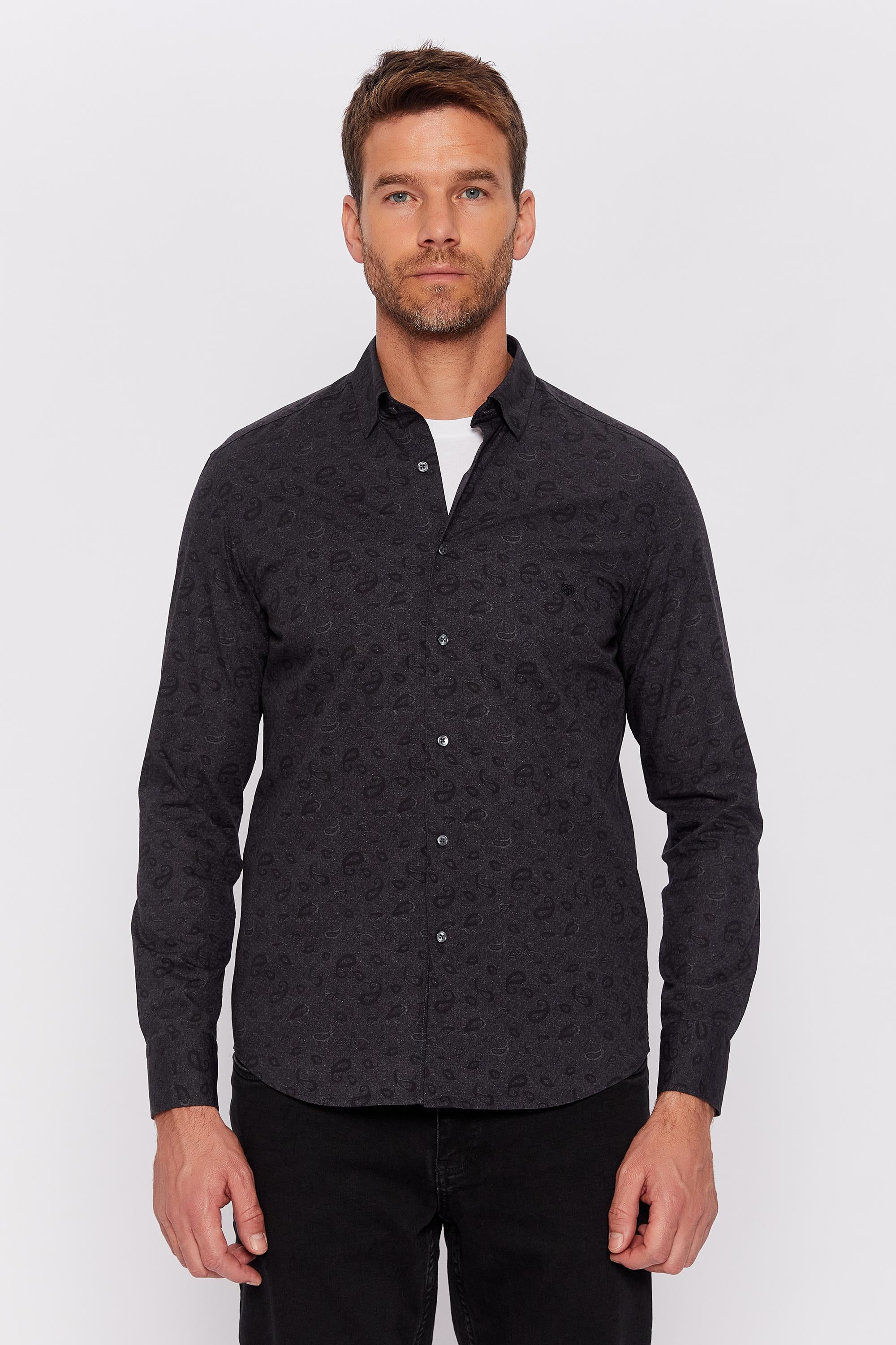 Romano Botta Siyah Desenli Slim Fit Klasik %100 Pamuk Gömlek