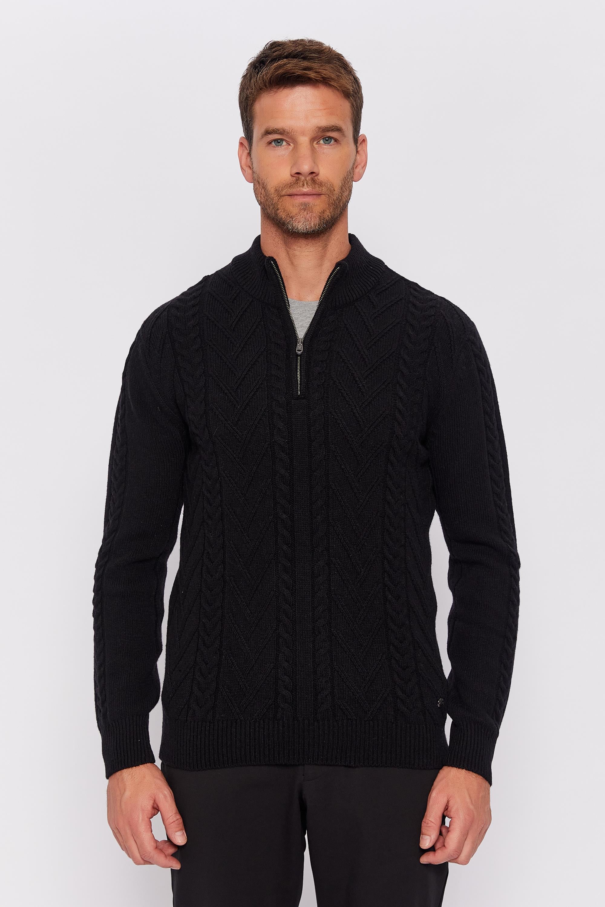 Romano Botta Siyah Desenli Yarım Balıkçı Bato Yaka %100 Yün Kazak