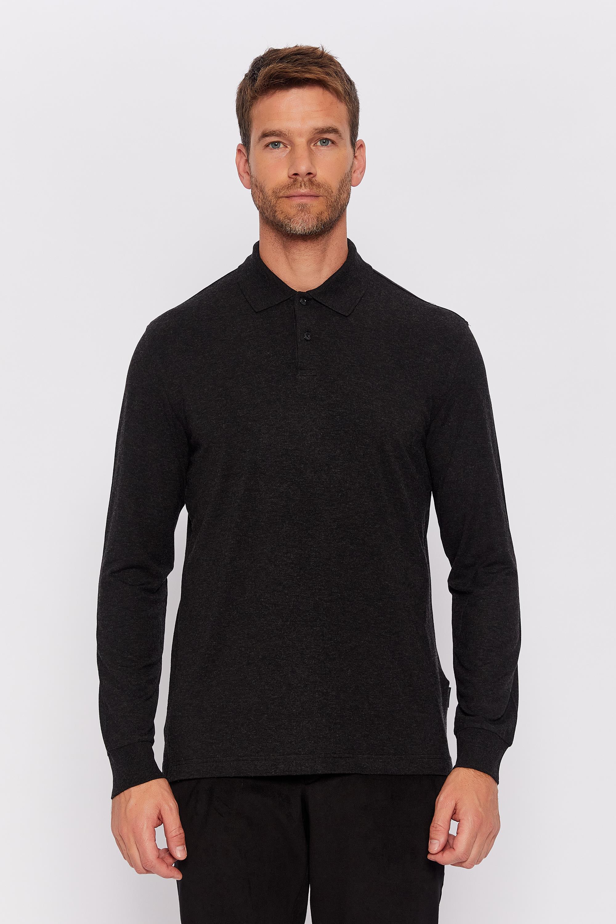Romano Botta Siyah Düğmeli Polo Yaka Uzun Kol Desenli T-shirt