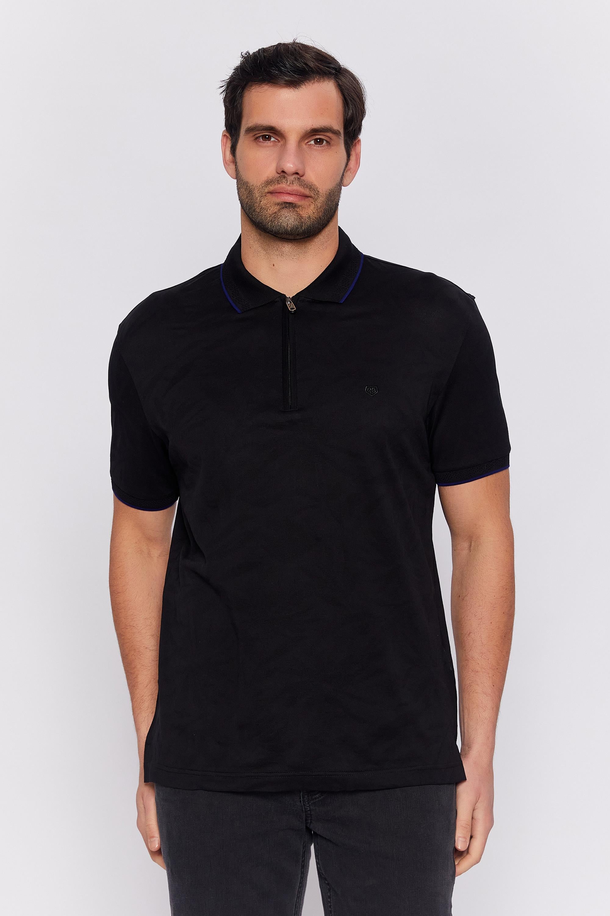 Romano Botta Siyah Fermuarlı Polo Yaka 100% Merserize Pamuk  Kısa Kol T-shirt
