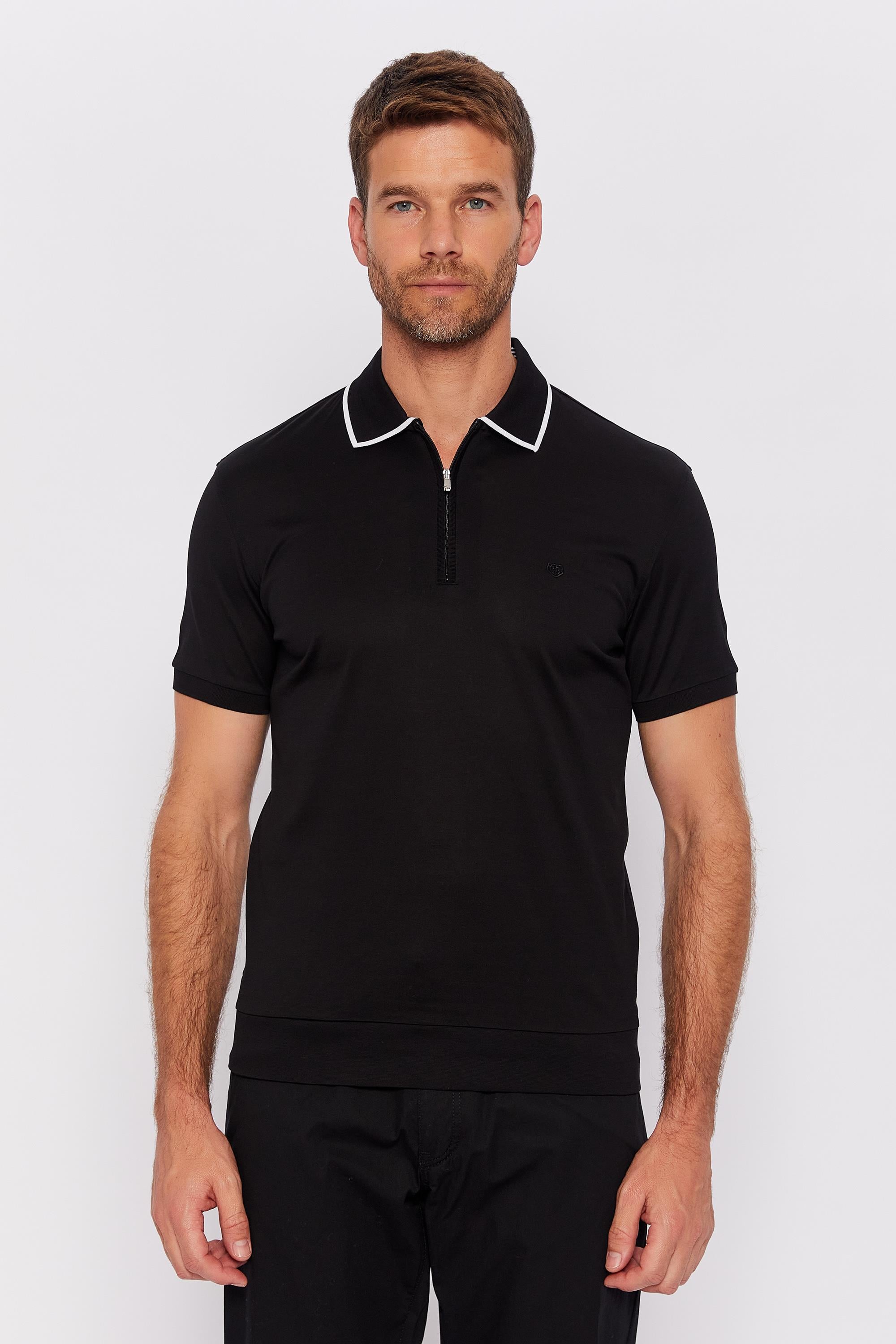 Romano Botta Siyah Fermuarlı Polo Yaka Kısa Kol Düz T-shirt