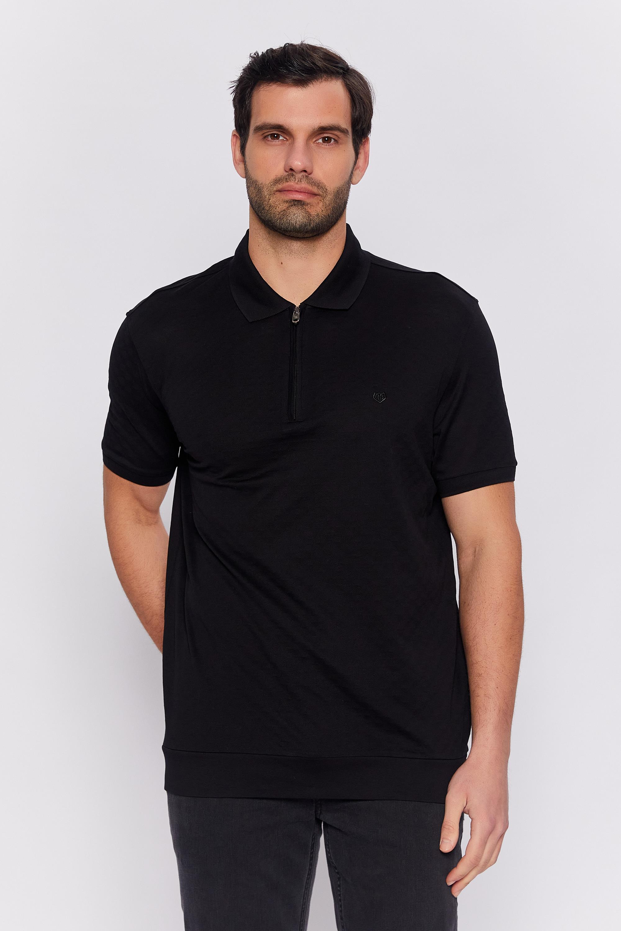 Romano Botta Siyah Fermuarlı Polo Yaka 100% Merserize Pamuk  Kısa Kol T-shirt