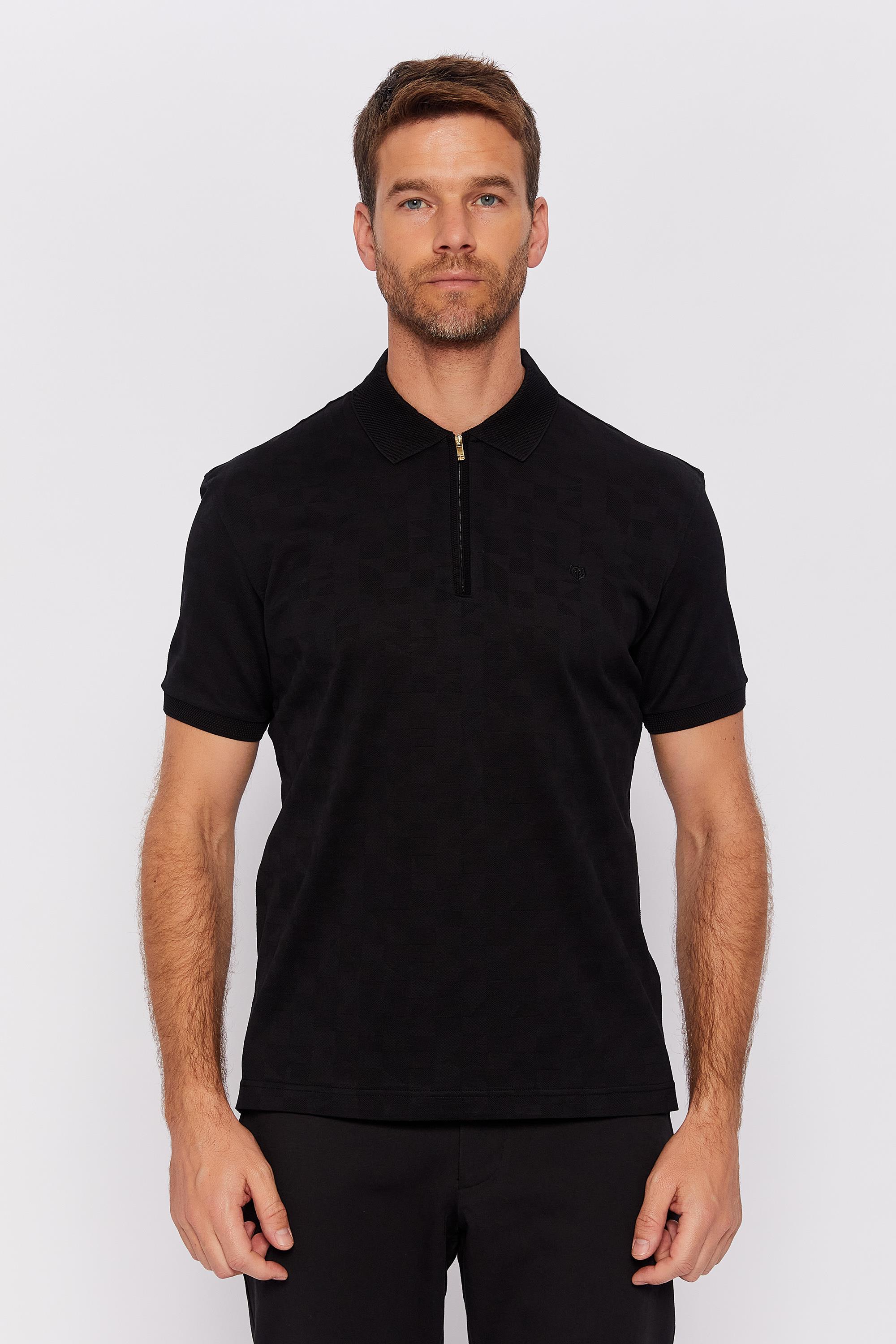Romano Botta Siyah Fermuarlı Polo Yaka Kısa Kol Düz T-shirt