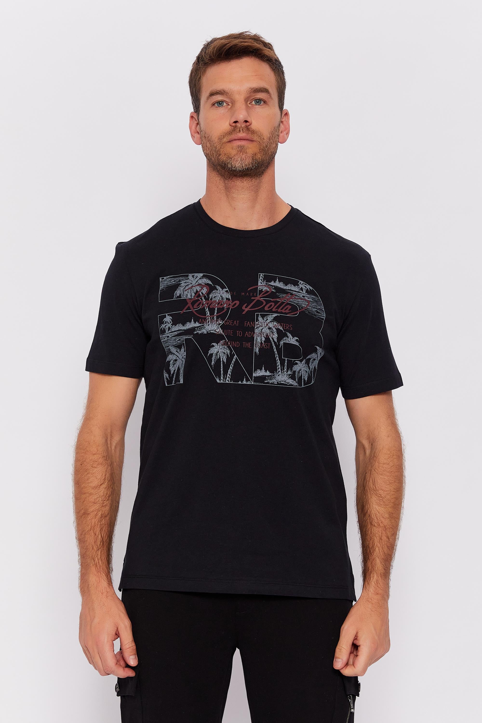 Romano Botta Siyah Yuvarlak Yaka Kısa Kol Desenli T-shirt