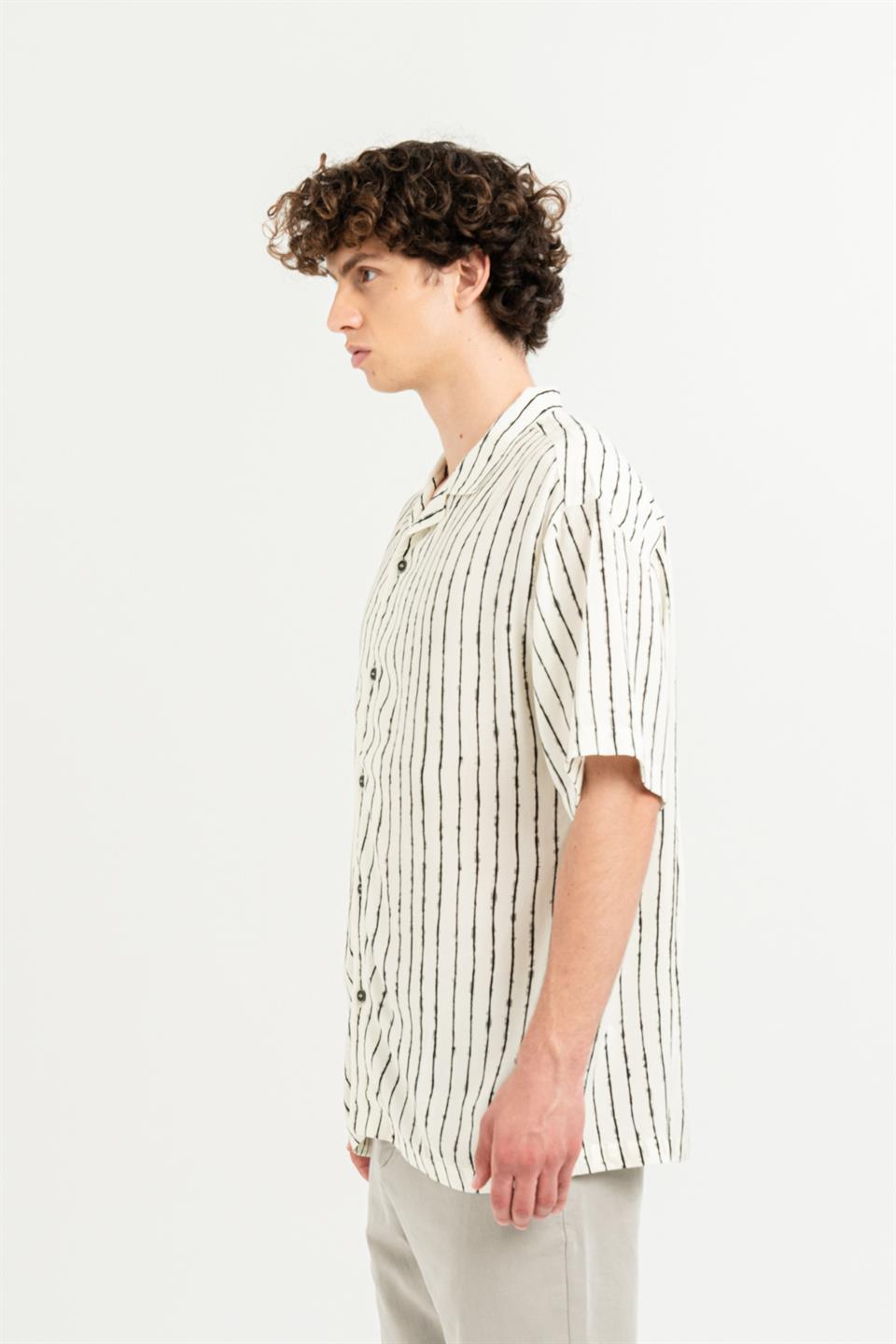 Apaj Yaka %100 Viscon Kısa Kol Çizgili Erkek Gömlek