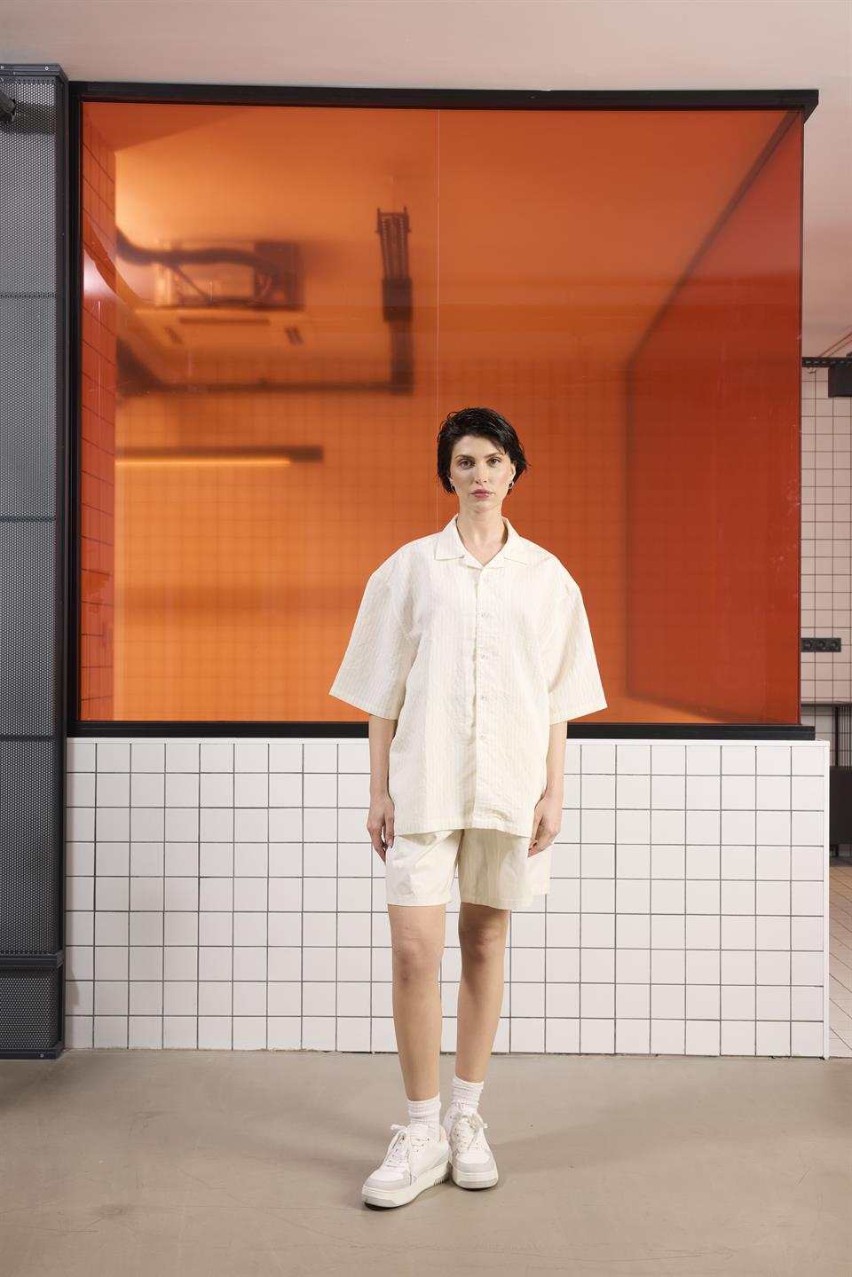 Apaj Yaka Çizgili Oversize Modal Gömlek