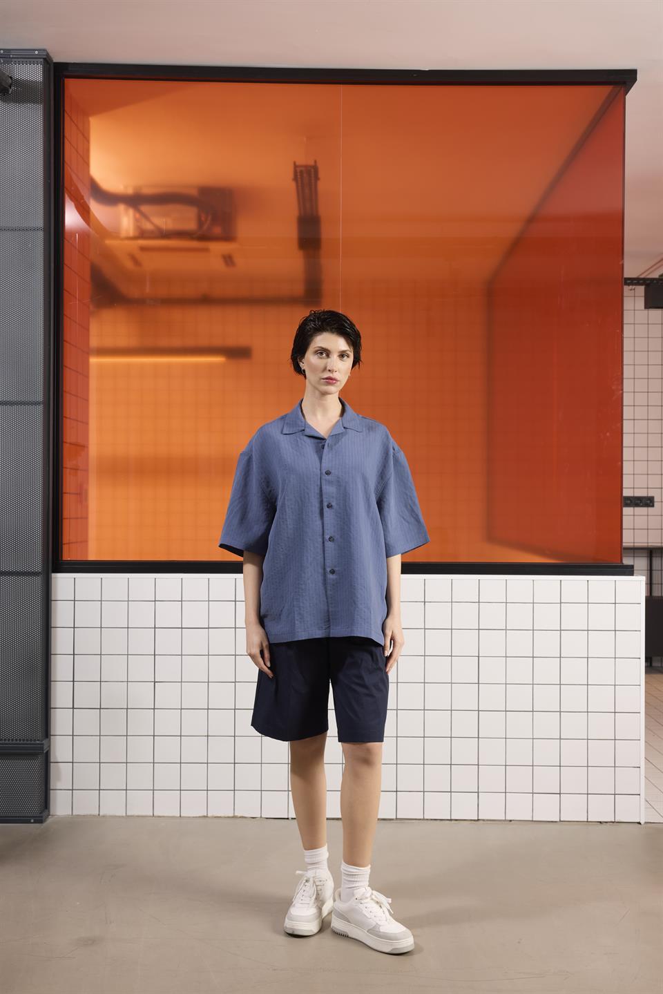 Apaj Yaka Çizgili Oversize Modal Gömlek