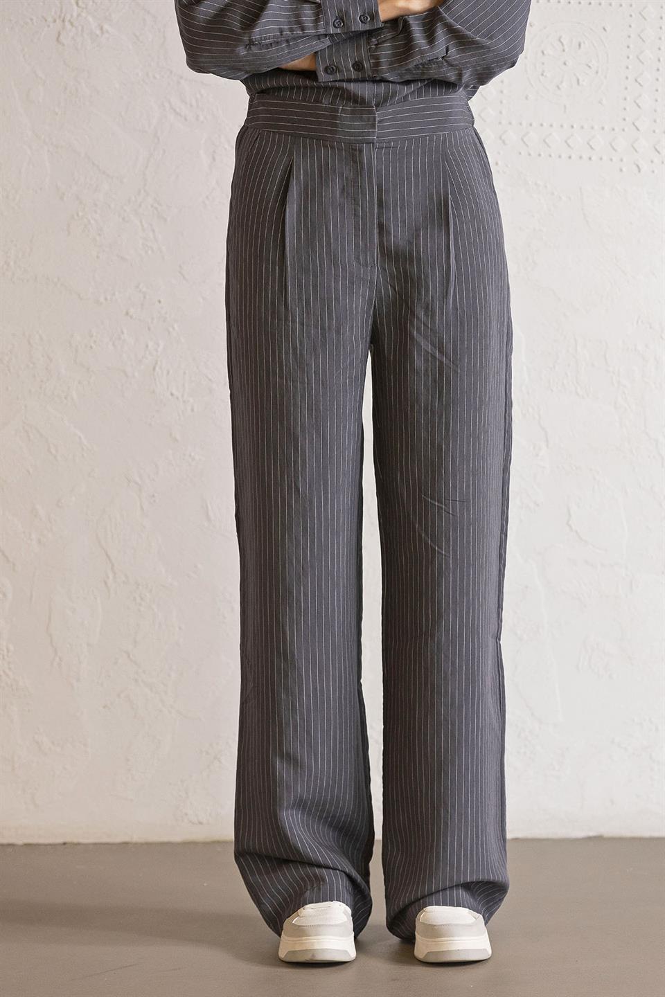 Beli Lastikli Cepli Çizgili Kadın Pantolon