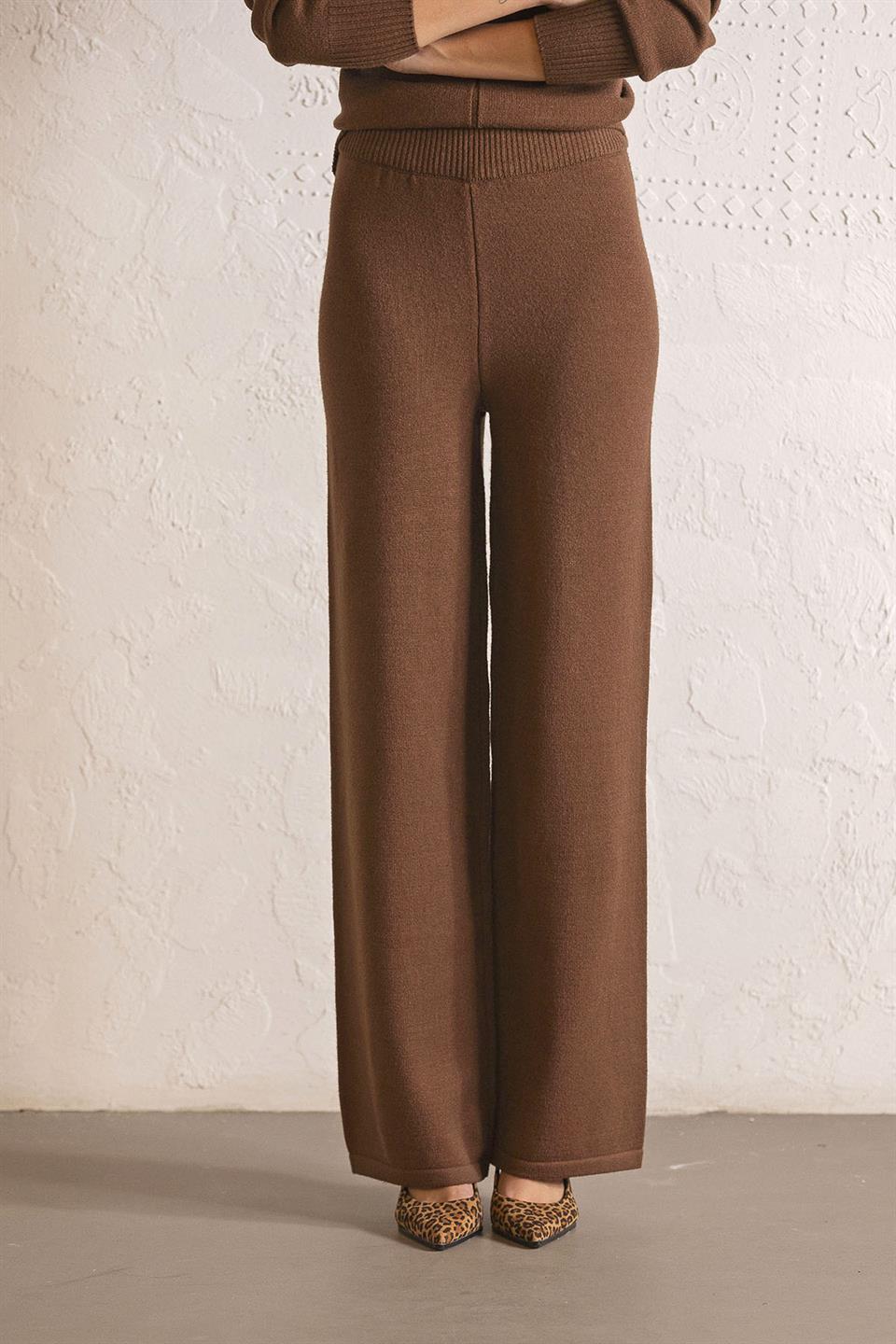 Beli Lastikli Wide Leg Triko Kadın Pantolon