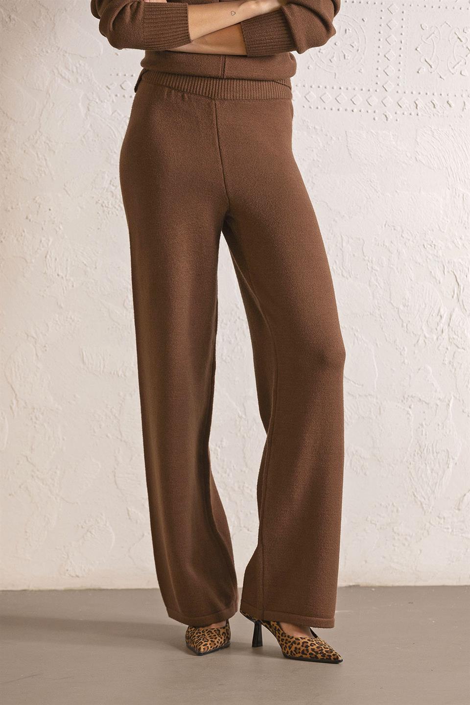 Beli Lastikli Wide Leg Triko Kadın Pantolon